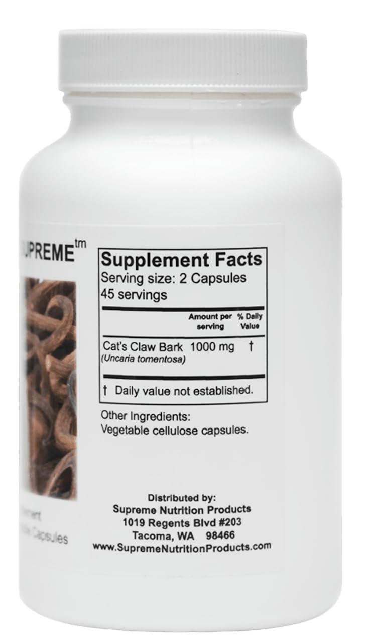 Etiqueta nutricional de Supreme Nutrition Cat’s Claw Supreme clara y legible