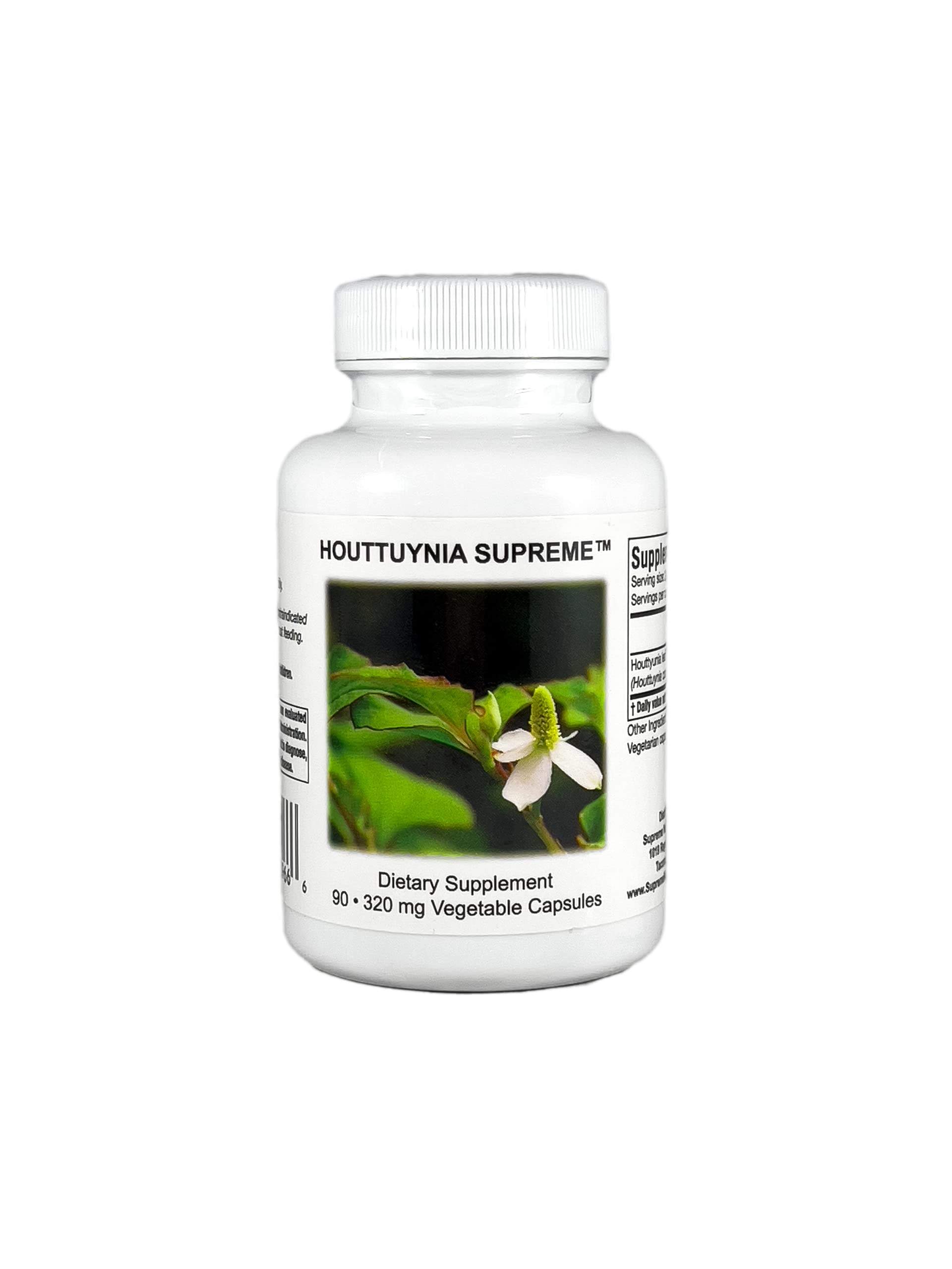 Supreme Nutrition Houttuynia Supreme, hoja pura visible en cápsulas para uso diario.
