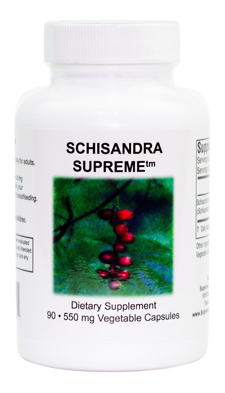 Supreme Nutrition Schisandra Supreme, botella de cápsulas en uso diario para apoyo al bienestar.