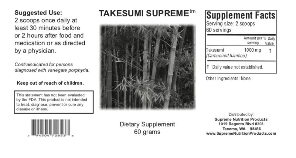 Envase oscuro de Supreme Nutrition protege la pureza del carbón activado Takesumi Supreme.