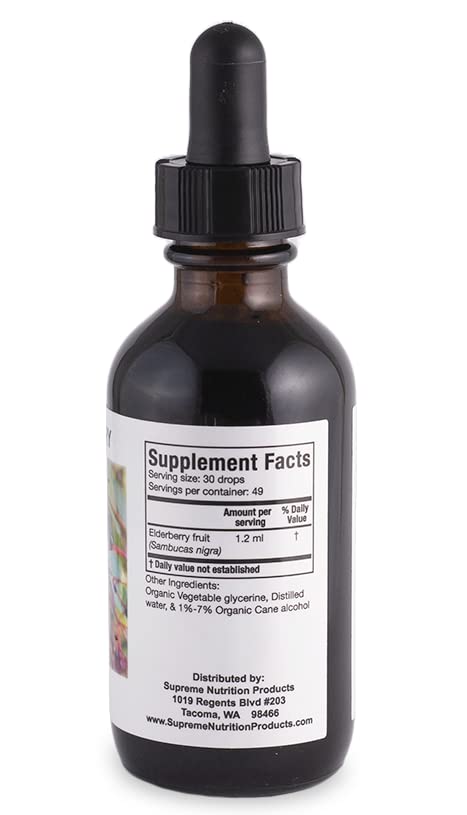 Etiqueta de tintura de saúco Supreme Nutrition con información de calidad.