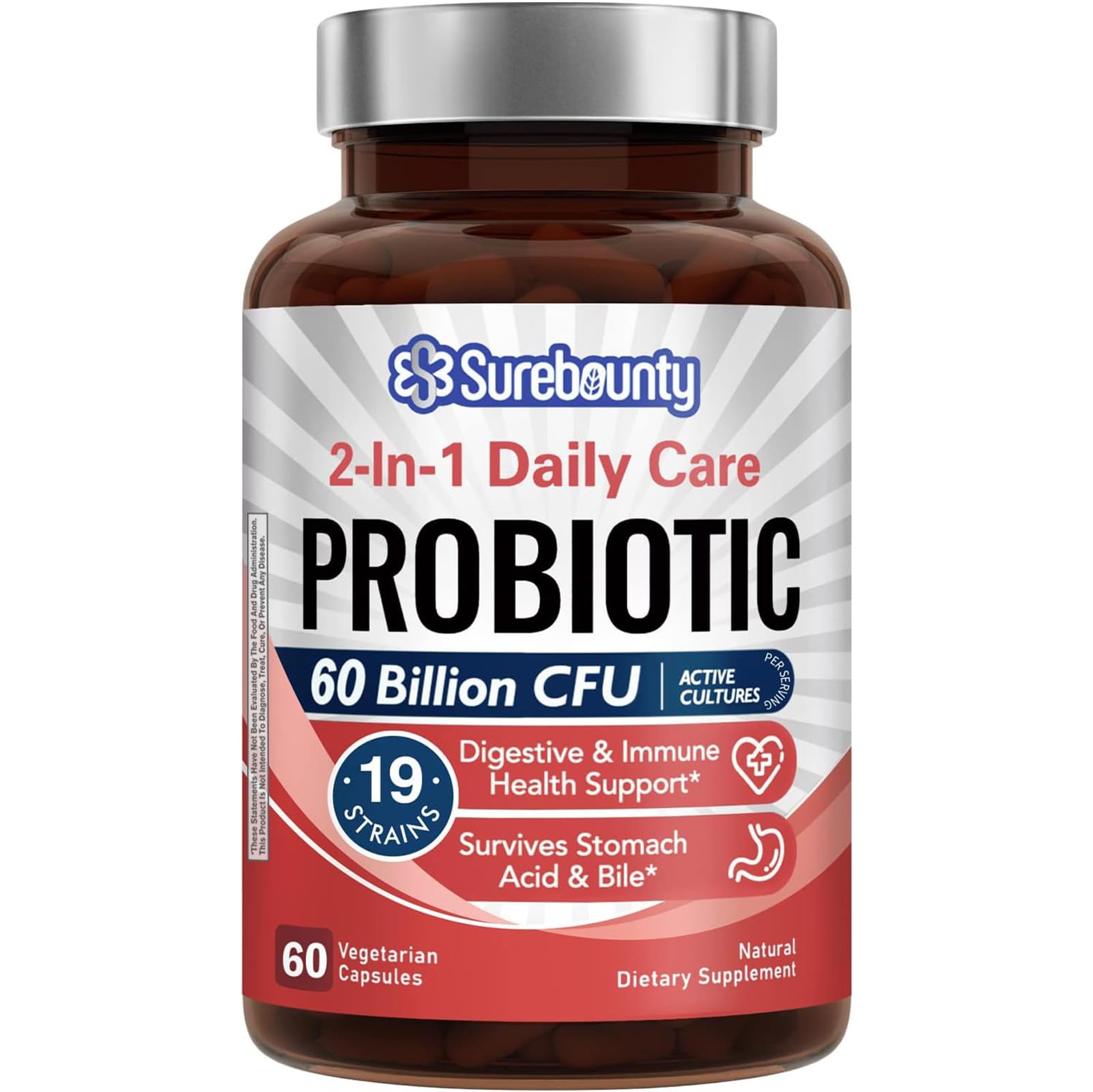 Surebounty Probiotics frasco frontal para uso diario y apoyo digestivo.