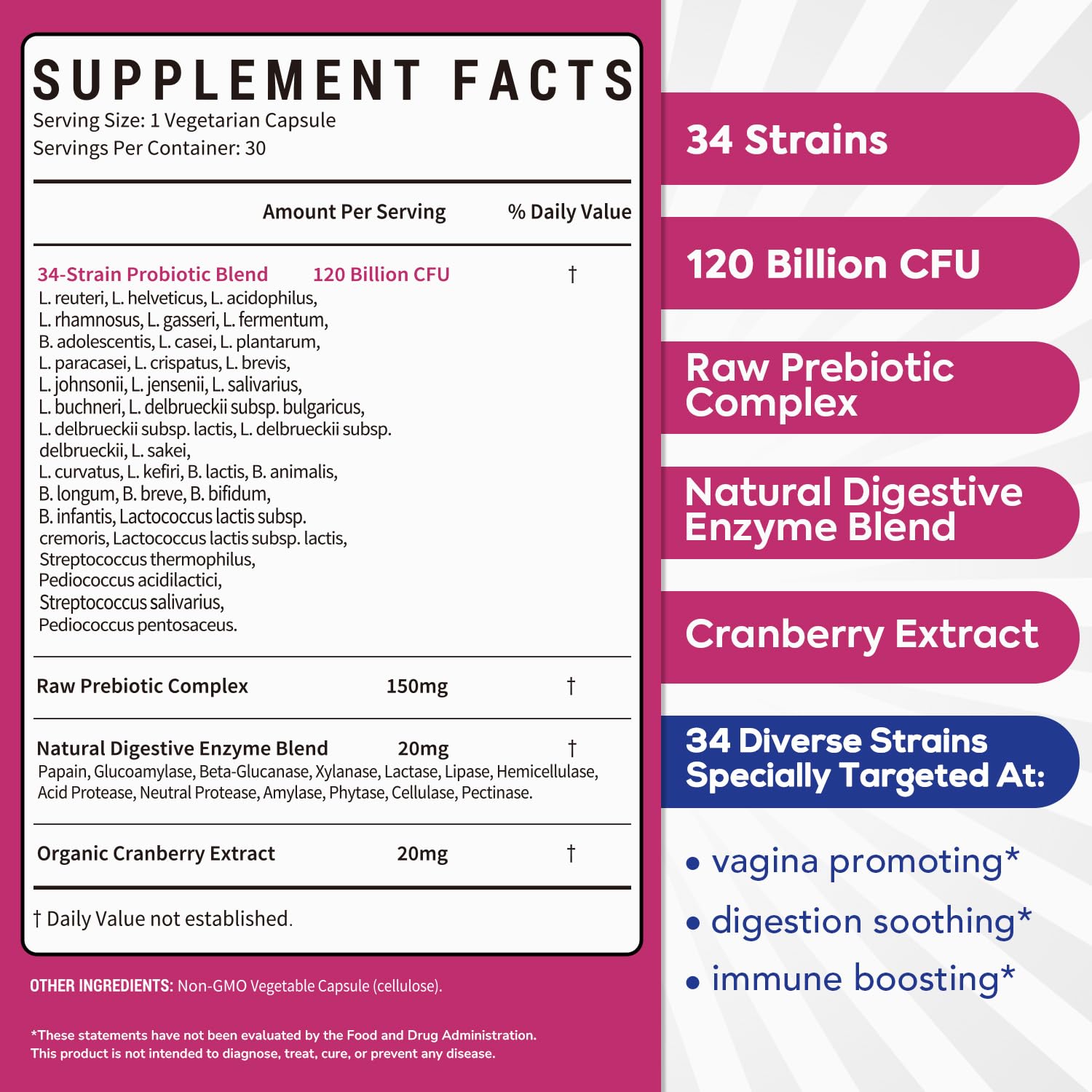 Surebounty Probiotics para Mujeres: botella con 34 cepas para equilibrio vaginal.