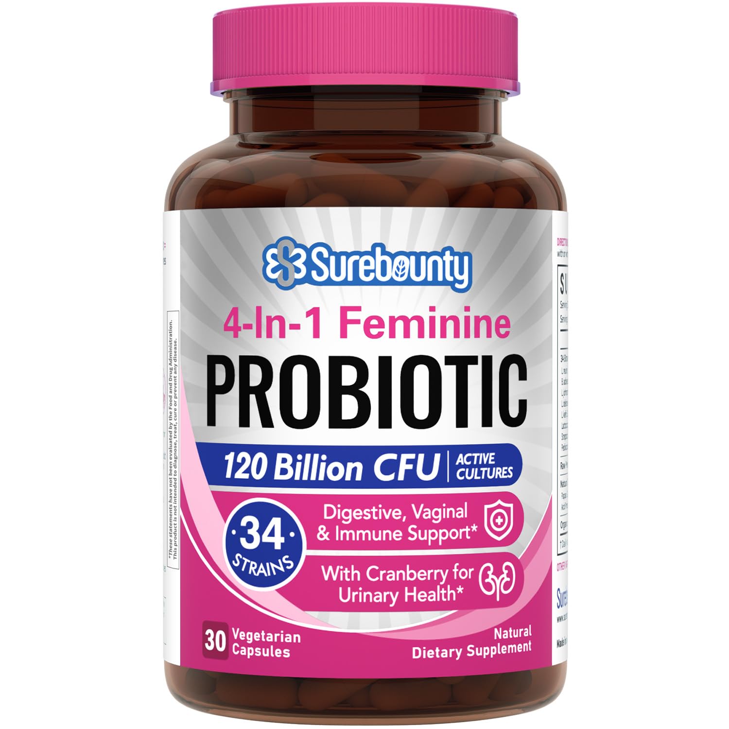 Surebounty Probiotics para Mujeres: botella con cápsulas para salud digestiva diaria.