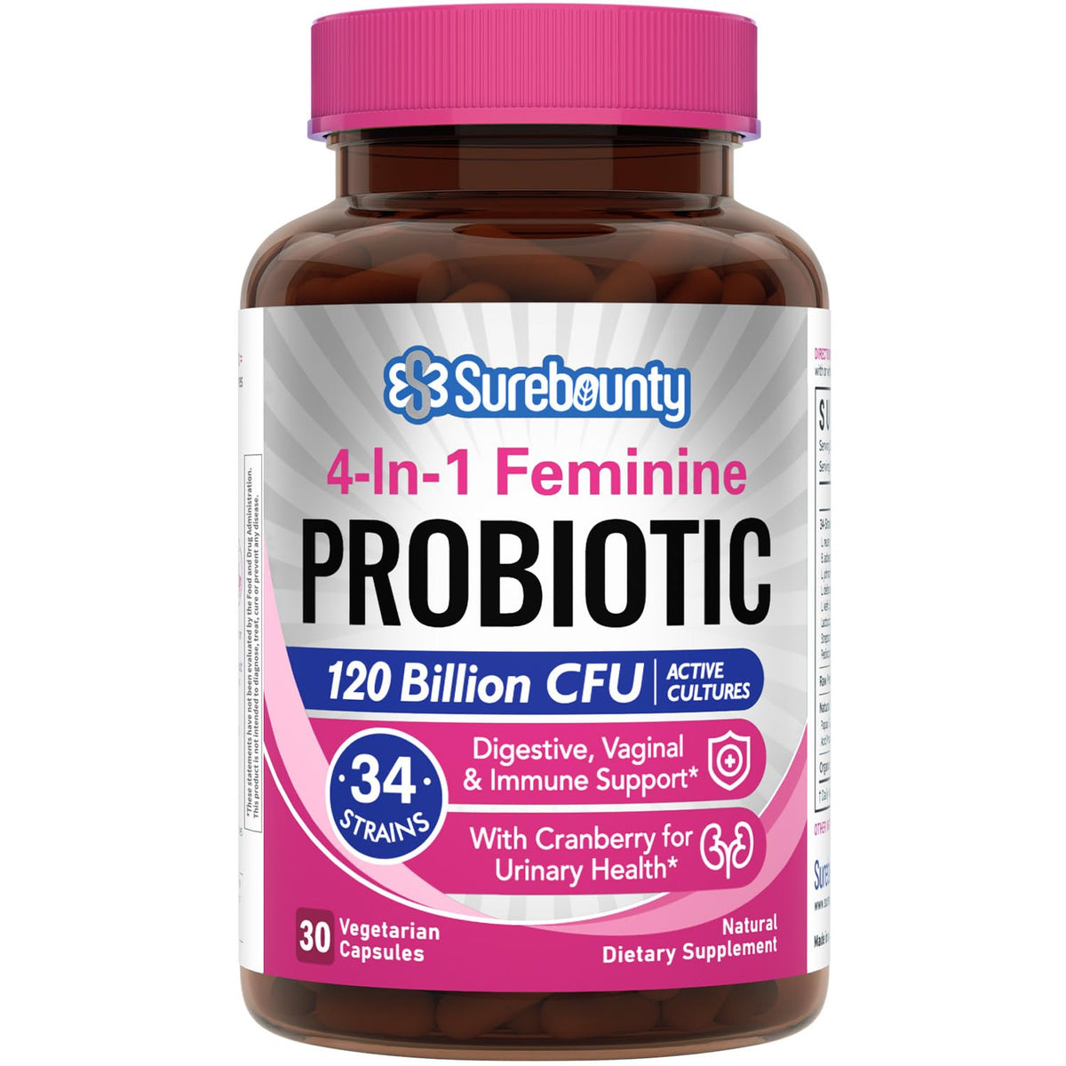 Surebounty Probiotics para Mujeres: botella con cápsulas para salud digestiva diaria.