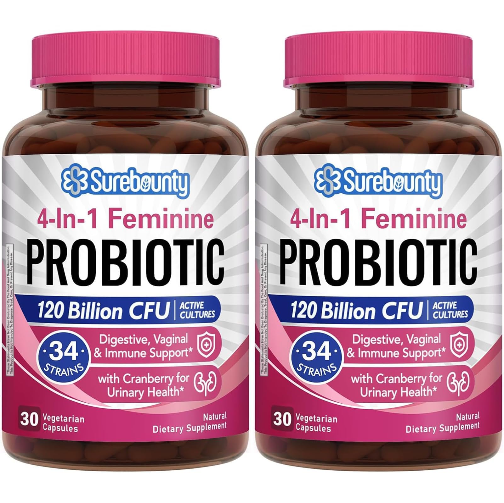Surebounty Probiotics para Mujeres: cápsula frente, soporte digestivo diario.