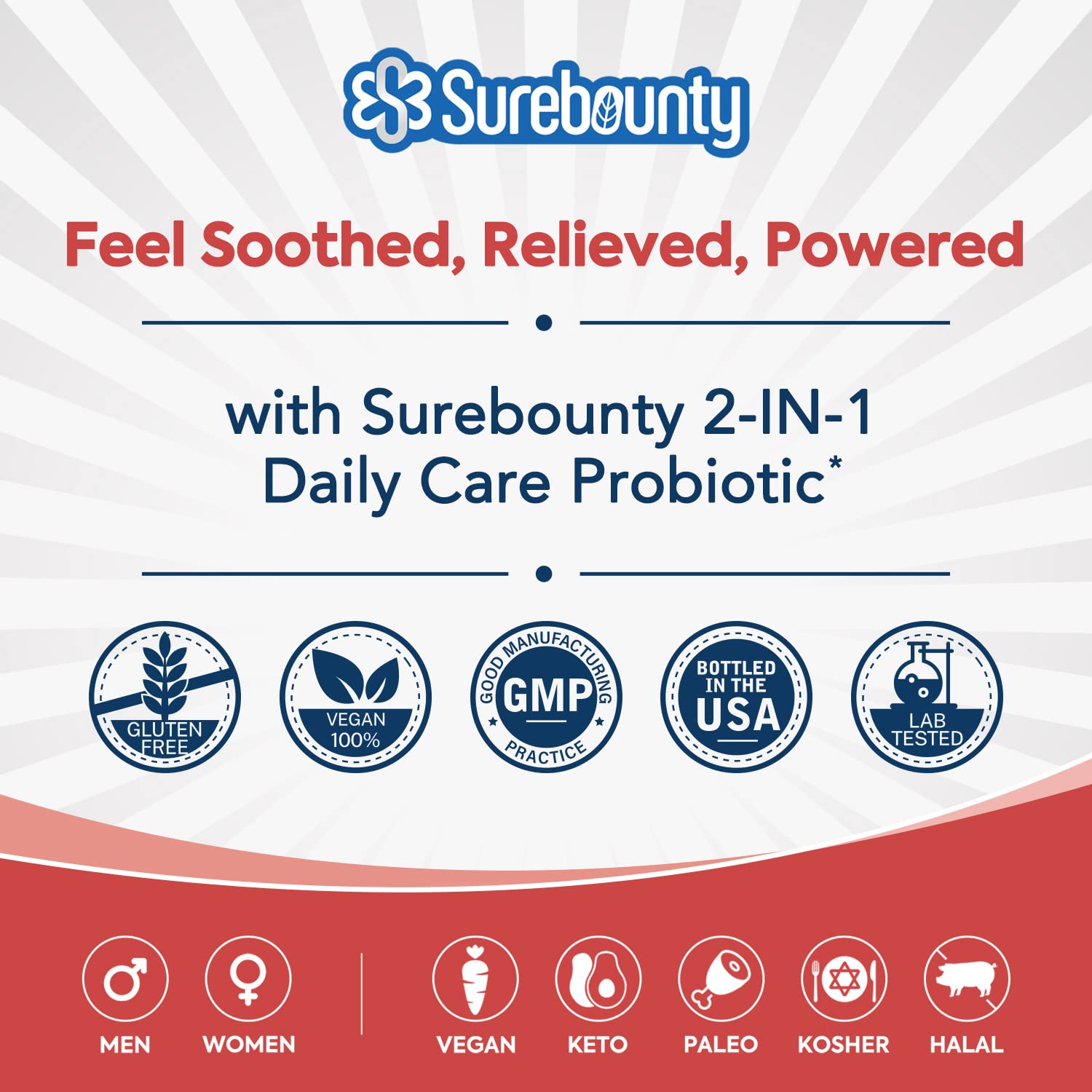 Uso diario de Surebounty Probiotics para apoyar equilibrio intestinal y bienestar general.