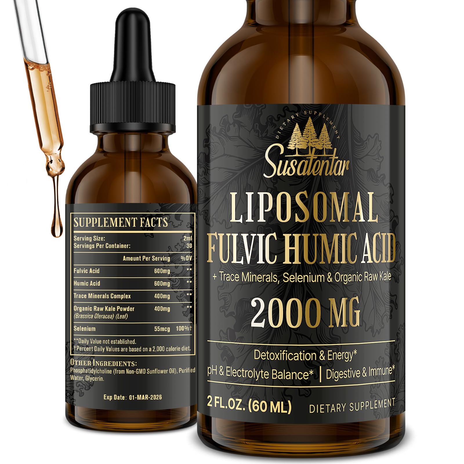 Susatentar: botella de ácido fulvico liposomal para energía sostenida.