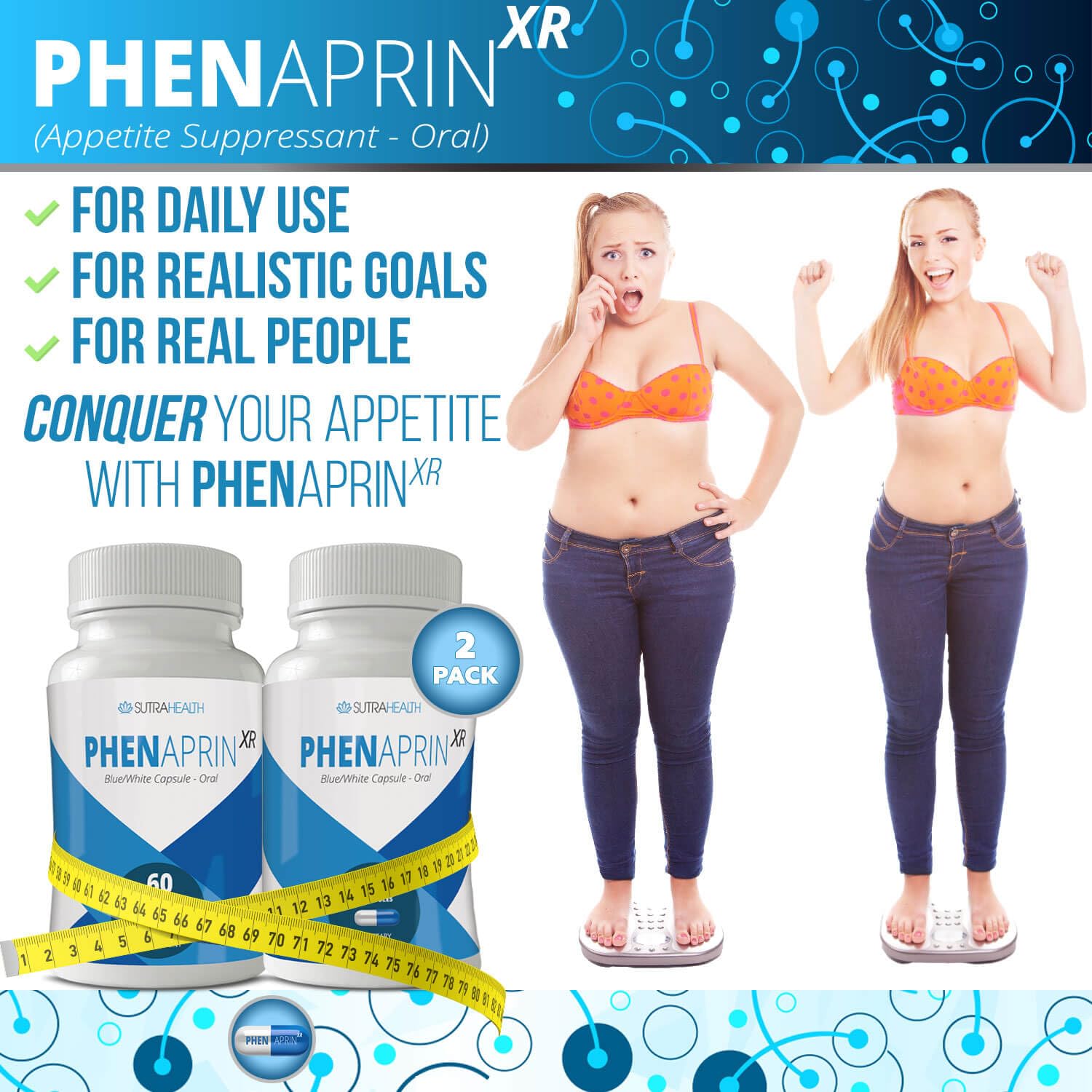 SutraHealth PhenAprin XR, etiqueta clara, identifica ingredientes y uso recomendado.
