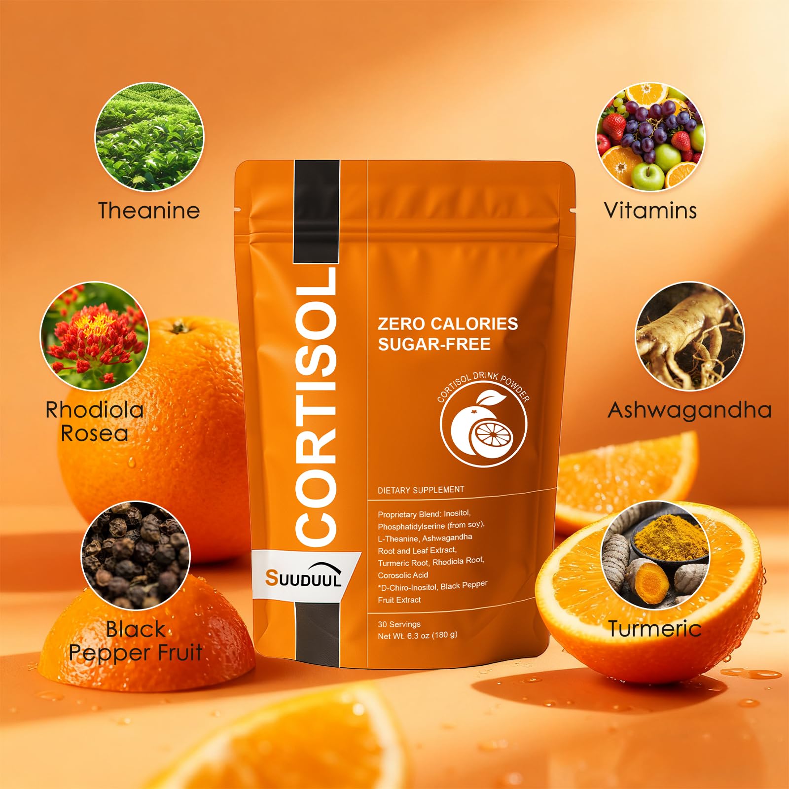 SUUDUUL Cortisol Drink, cúrcuma mejora la absorción de nutrientes y claridad mental.