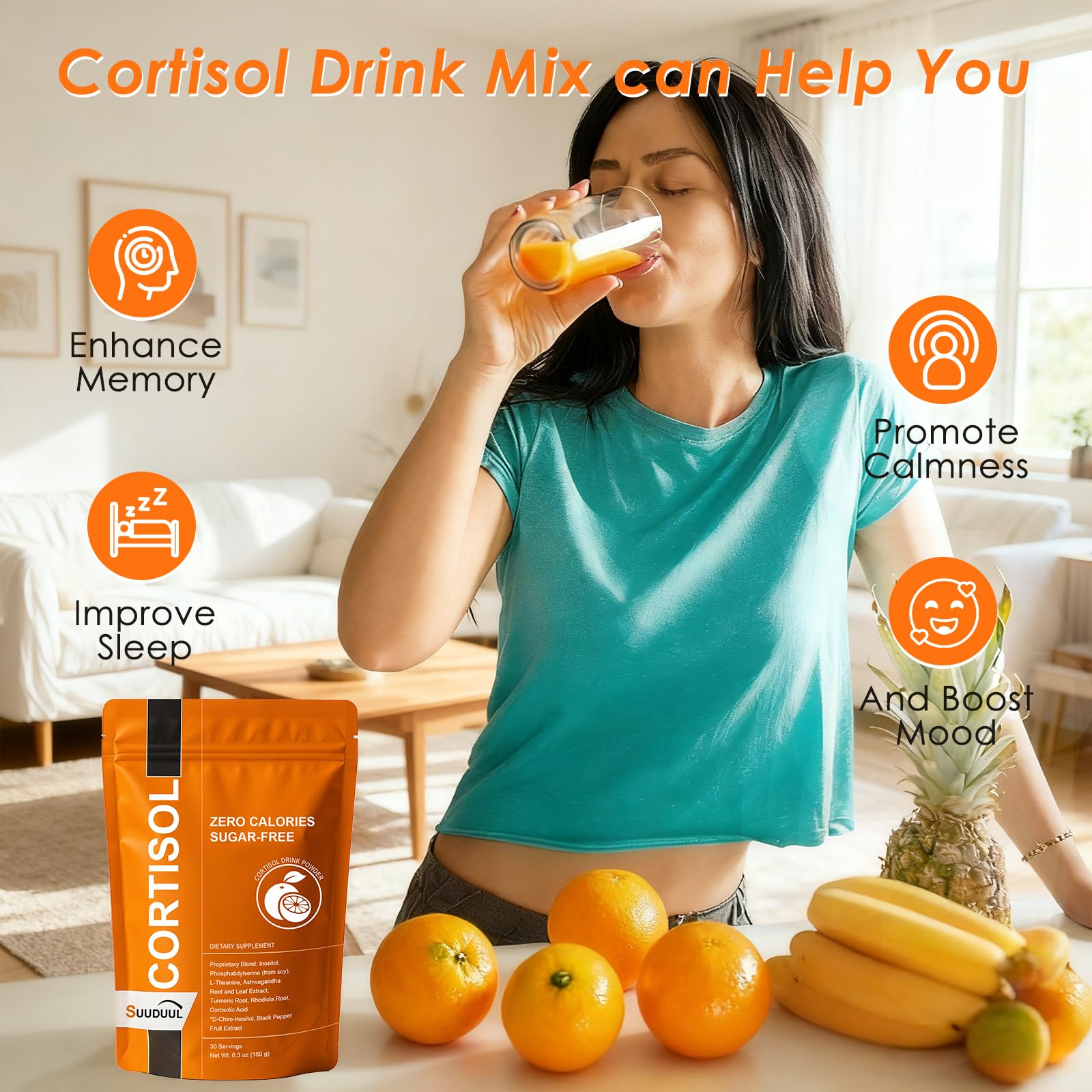 SUUDUUL Cortisol Drink, L-teanina favorece un enfoque sereno durante el estudio.