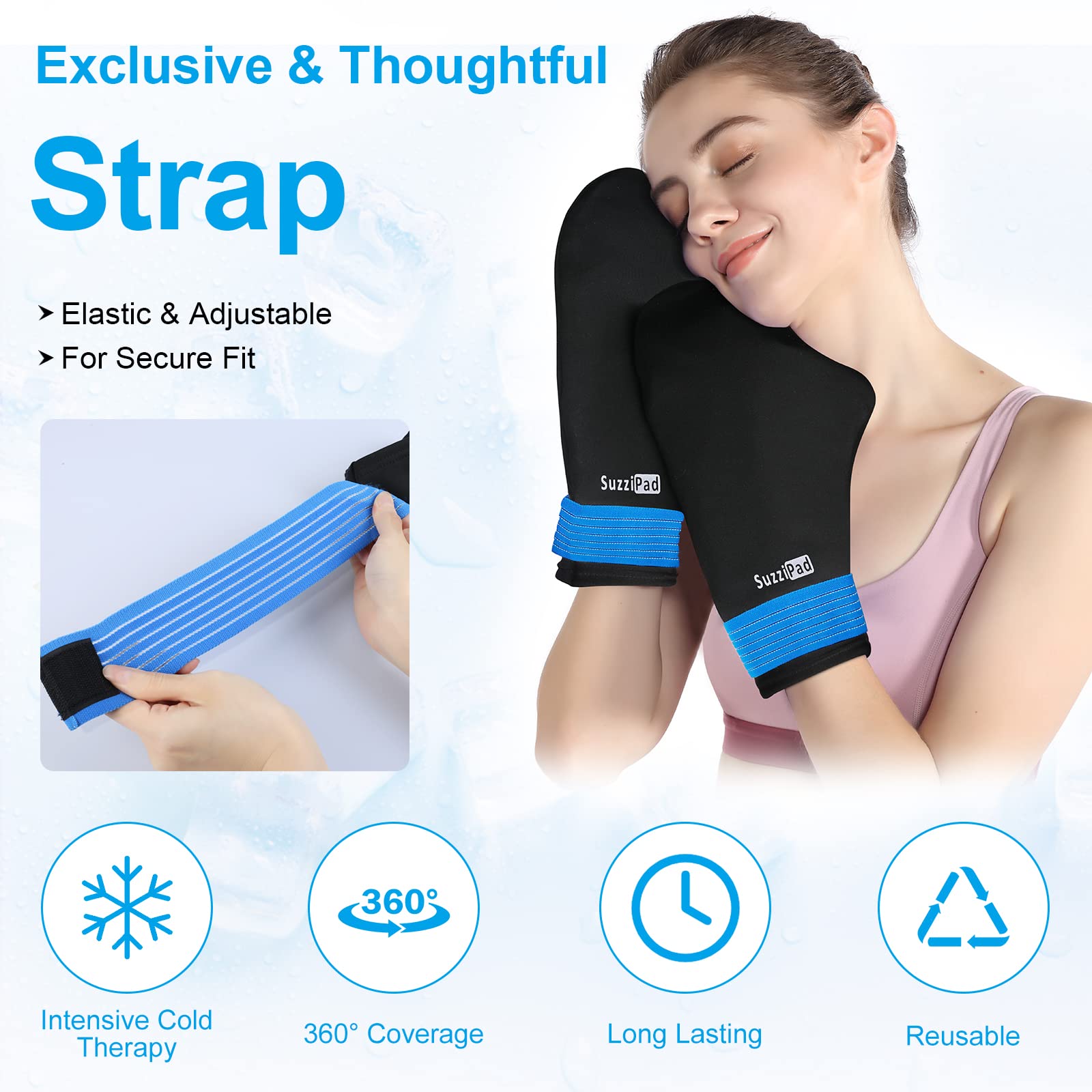 Bolsas de gel SuzziPad para manos, terapia fría localizada.