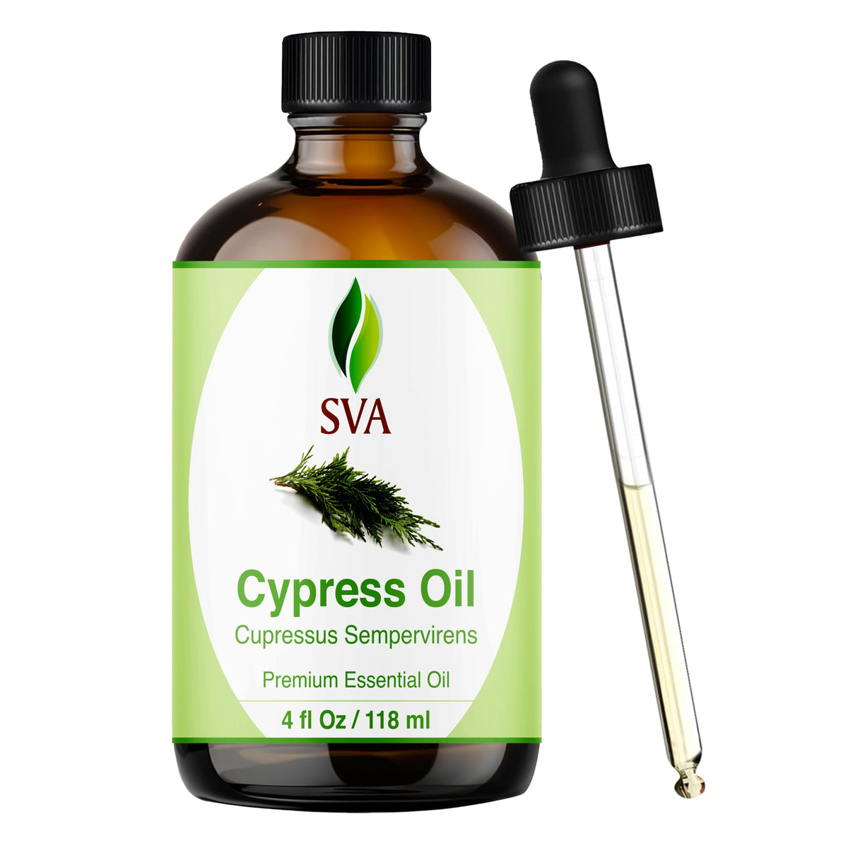 Aceite Esencial de Ciprés SVA en botella con gotero para uso preciso y aromaterapia