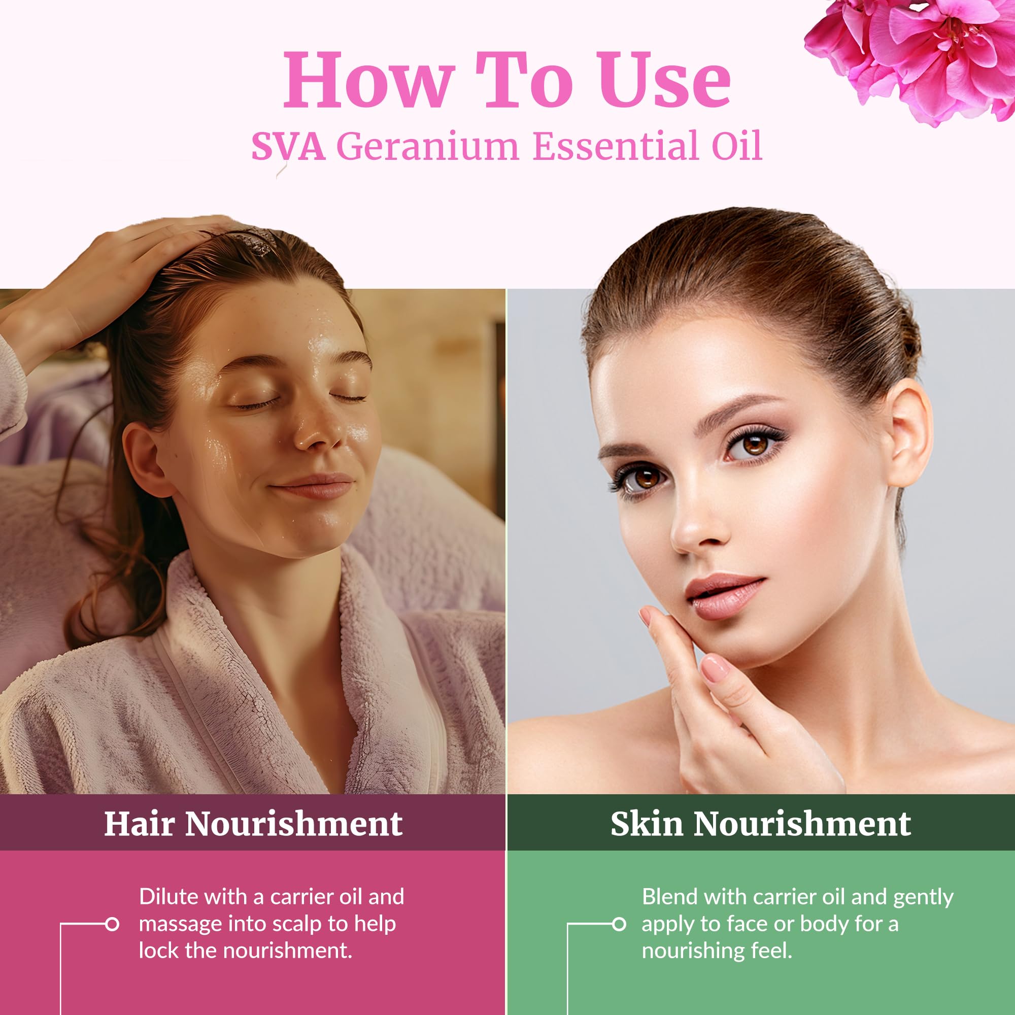 SVA Geranio Aceite Esencial: recomendado para masajes capilares tras diluir.