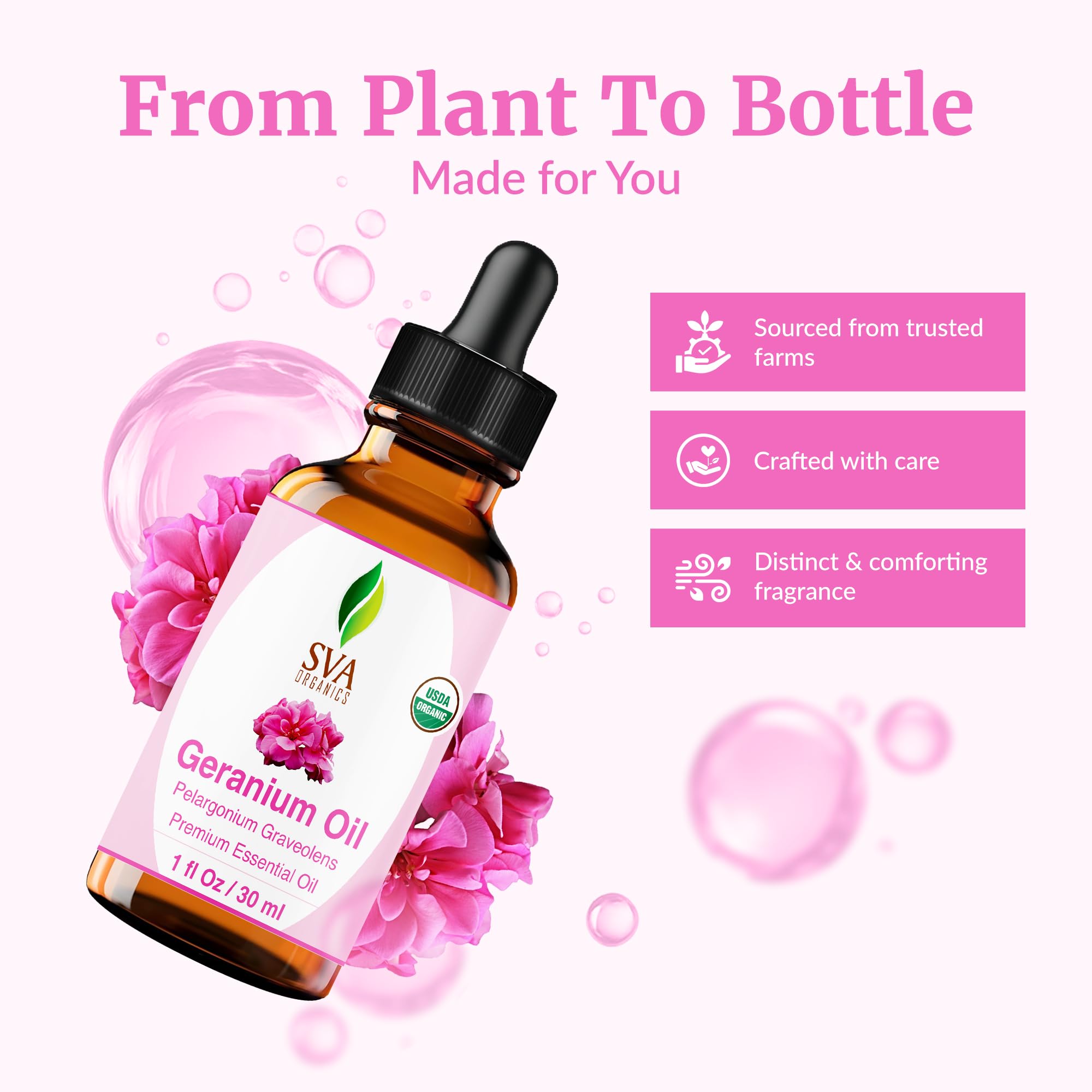 SVA Geranio Aceite Esencial: uso para cuidado de piel diluido con aceite portador.