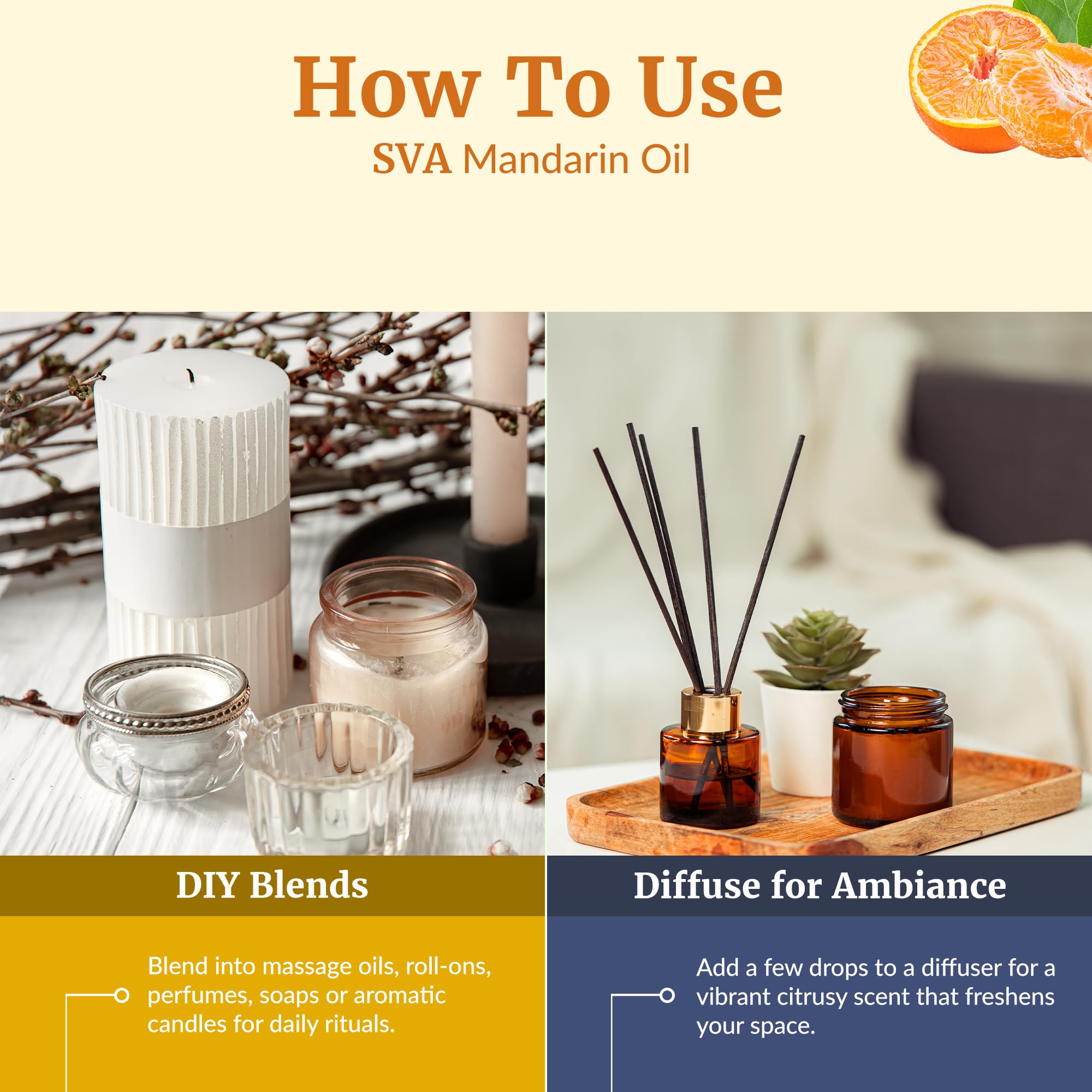 Usos múltiples para jabones, velas e inciensos con mandarina SVA