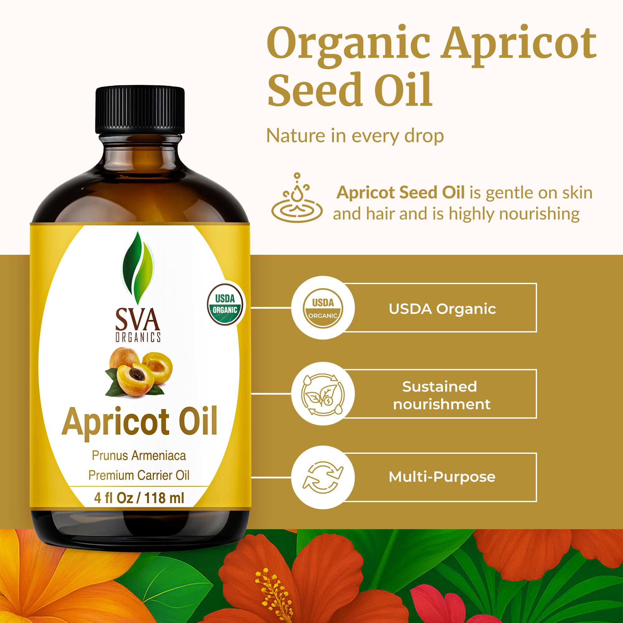 SVA Organics Aceite de albaricoque prensado en frio conserva nutrientes para piel suave.