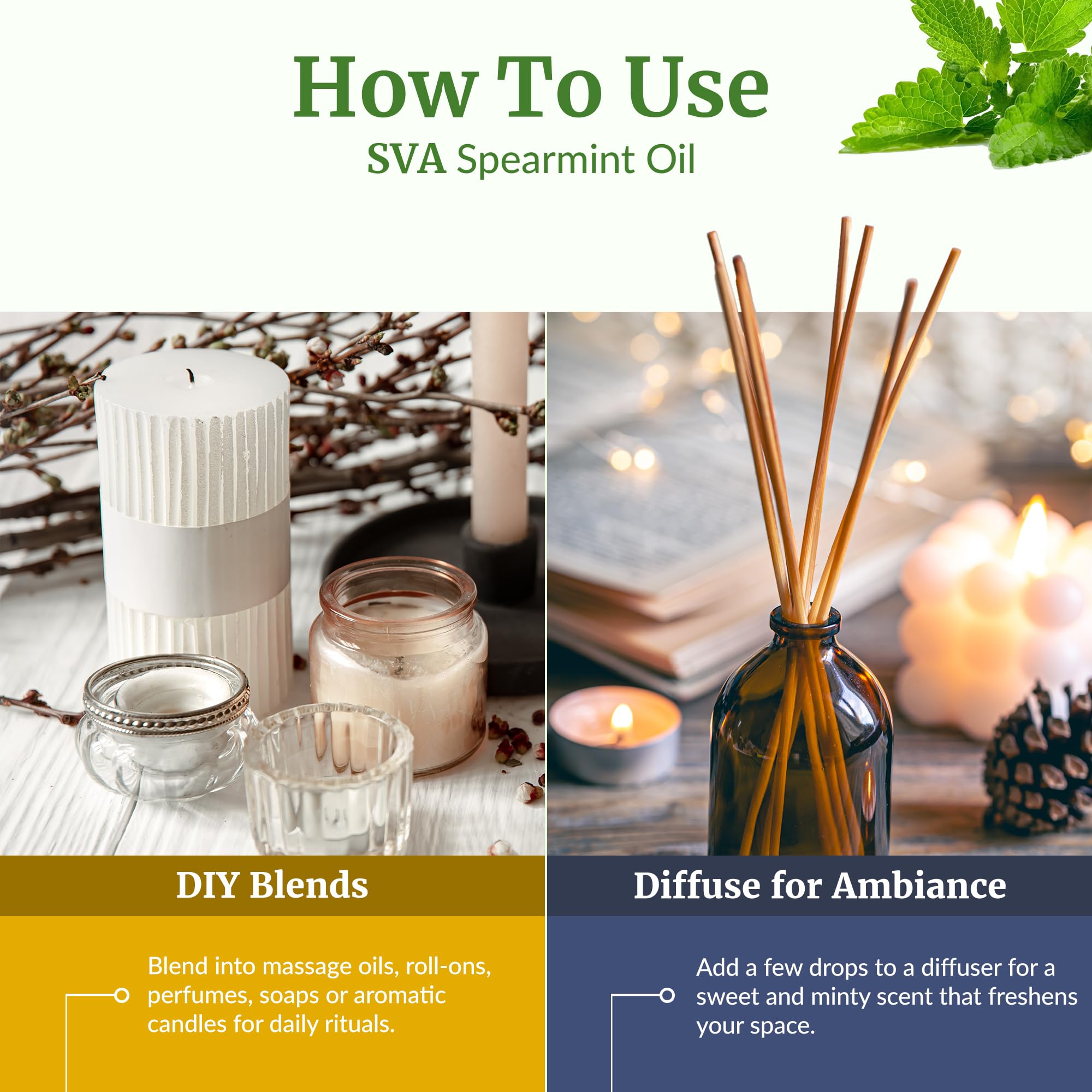 SVA Organics uso en baño relajante con aceite de menta verde