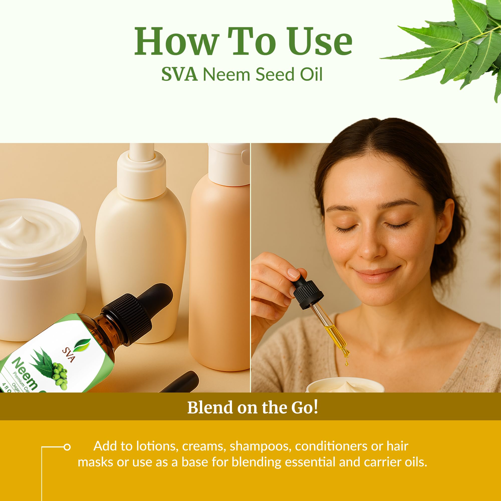 SVA ORGANICS aroma herbal natural del neem durante la rutina.