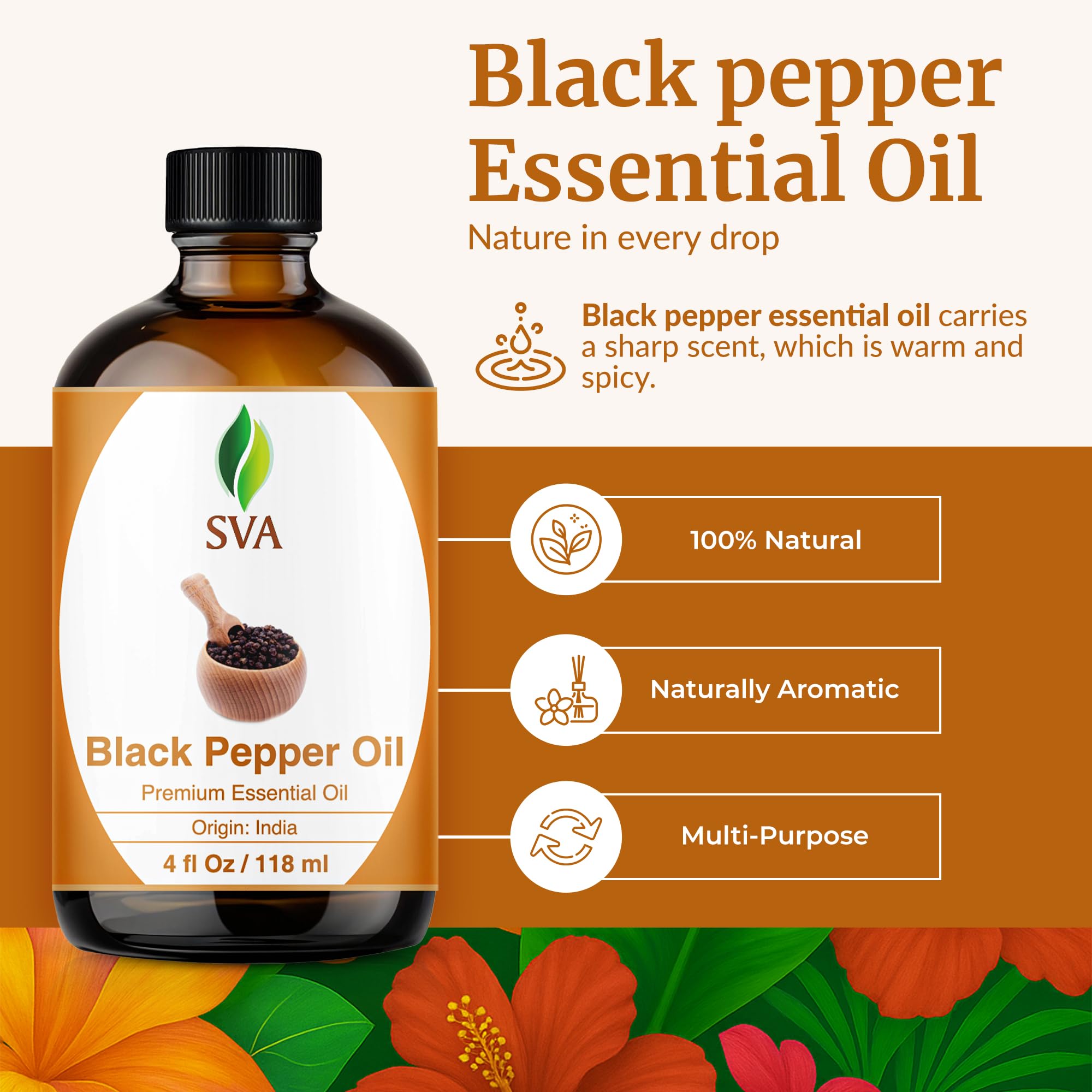 Aceite Pimienta Negra de SVA Organics para difusor, aroma cálido y estimulante