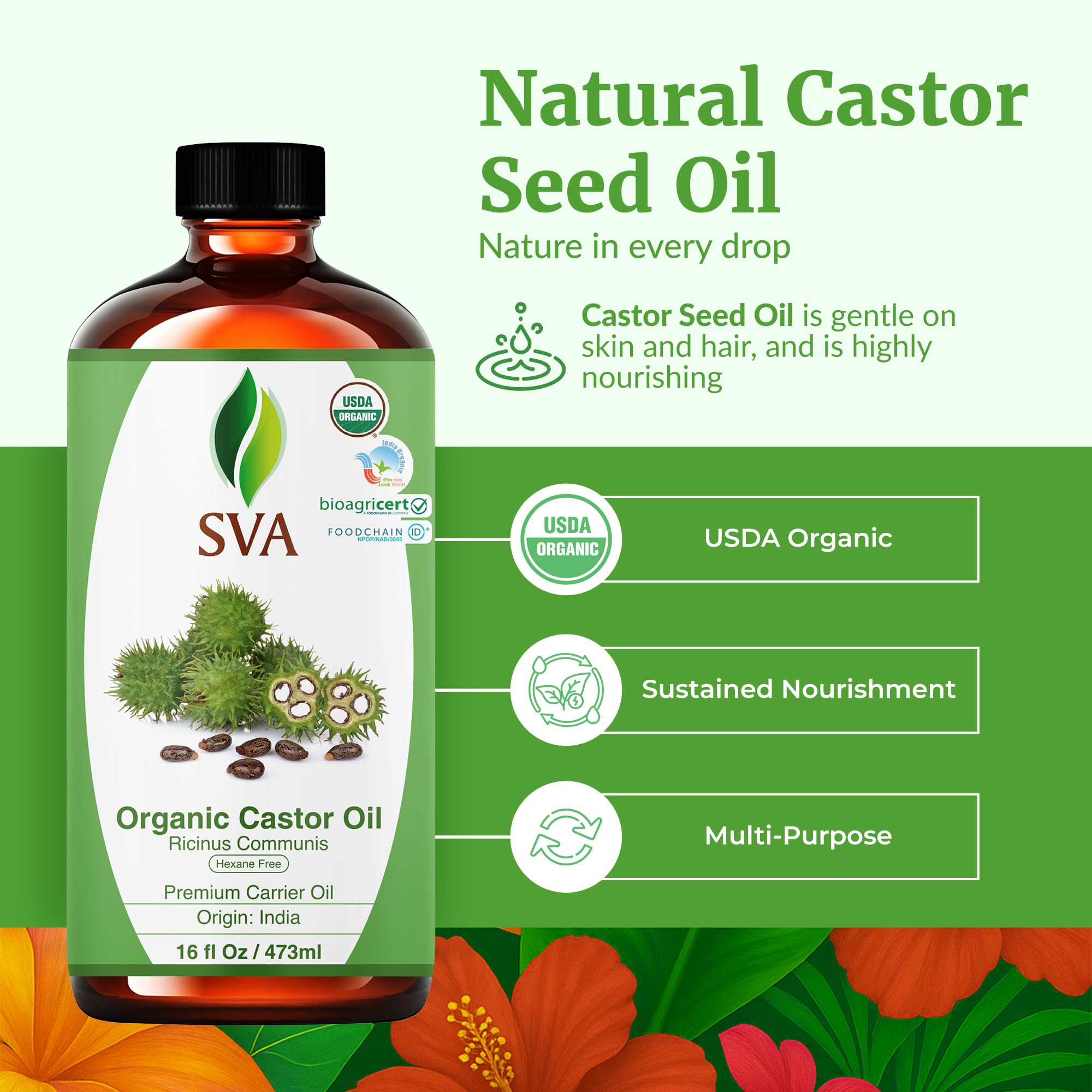 SVA ORGANICS aceite de ricino prensado en frio en tono dorado.