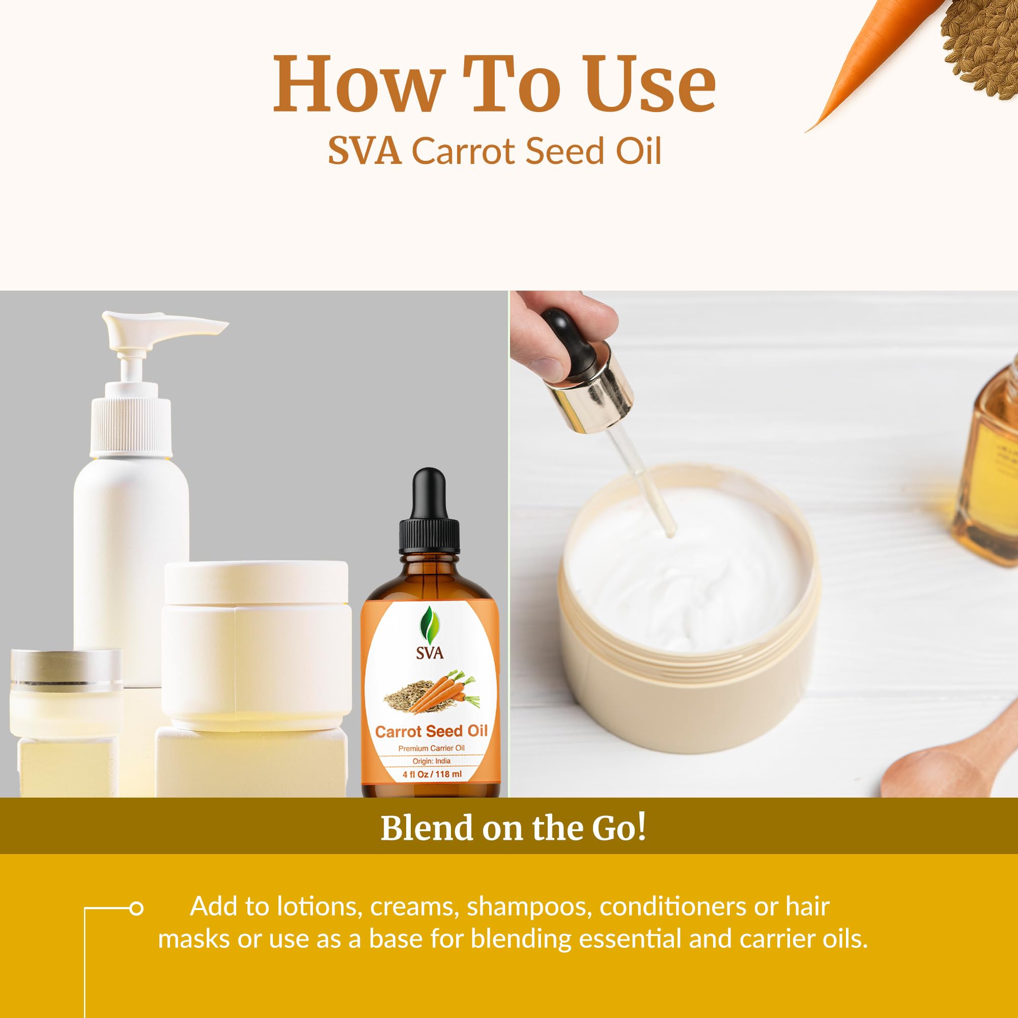 SVA Organics aceite de zanahoria se mezcla con cremas para piel más suave