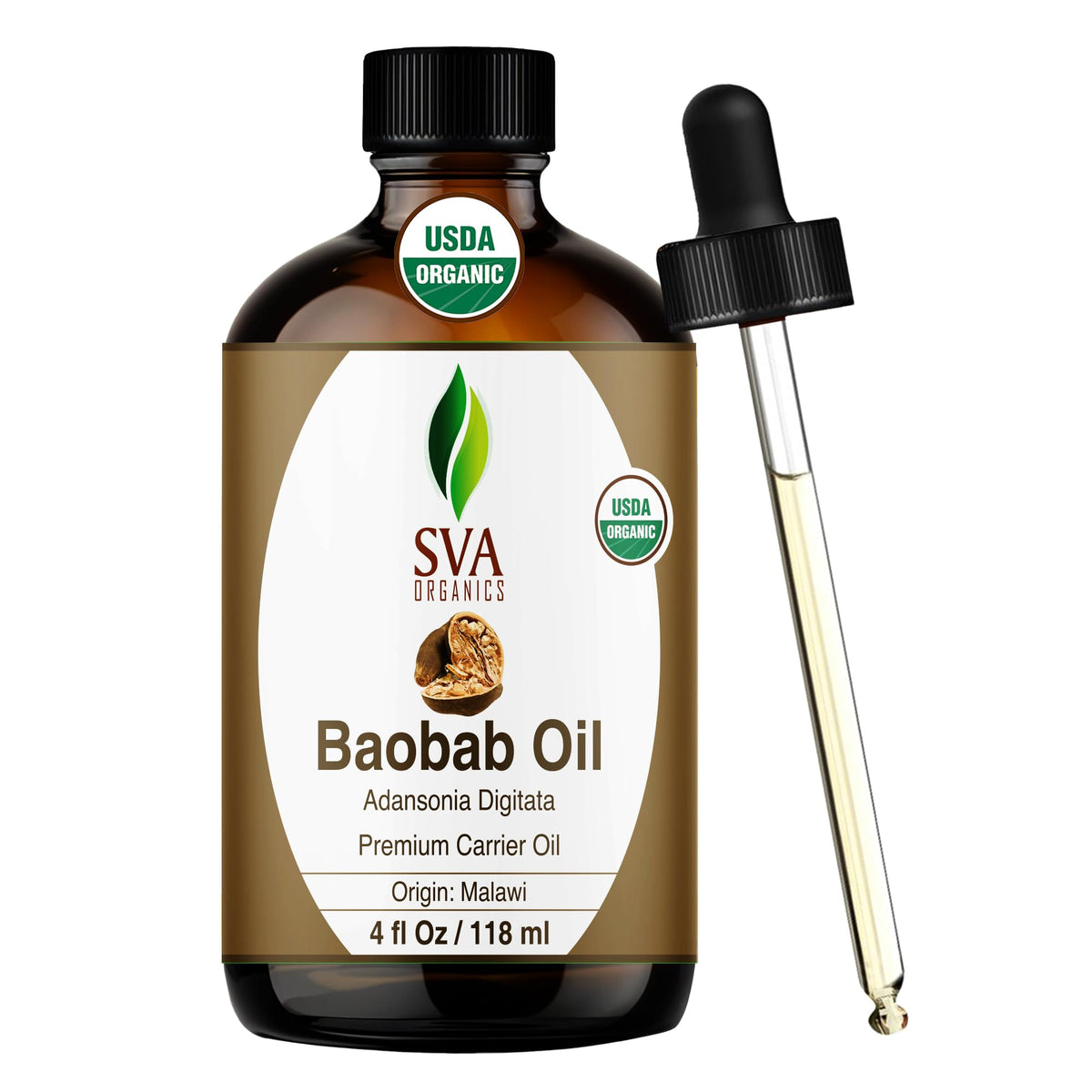 Botella de 4 oz con gotero de SVA Organics Baobab Oil para uso diario.