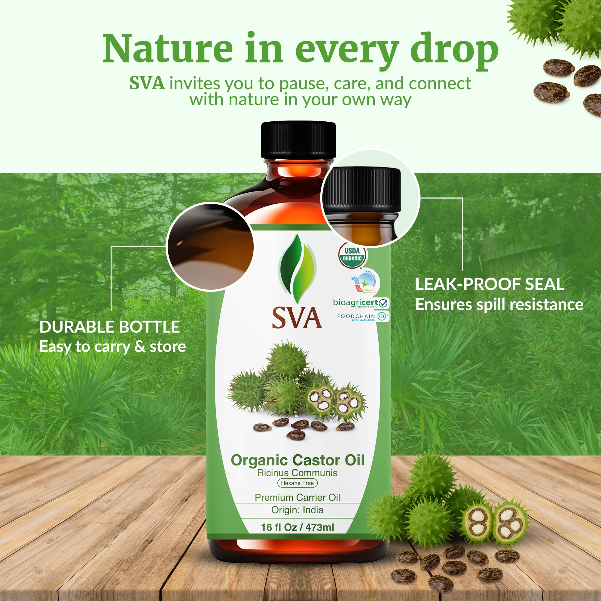 Etiqueta organica: aceite de ricino SVA para rituales diarios.