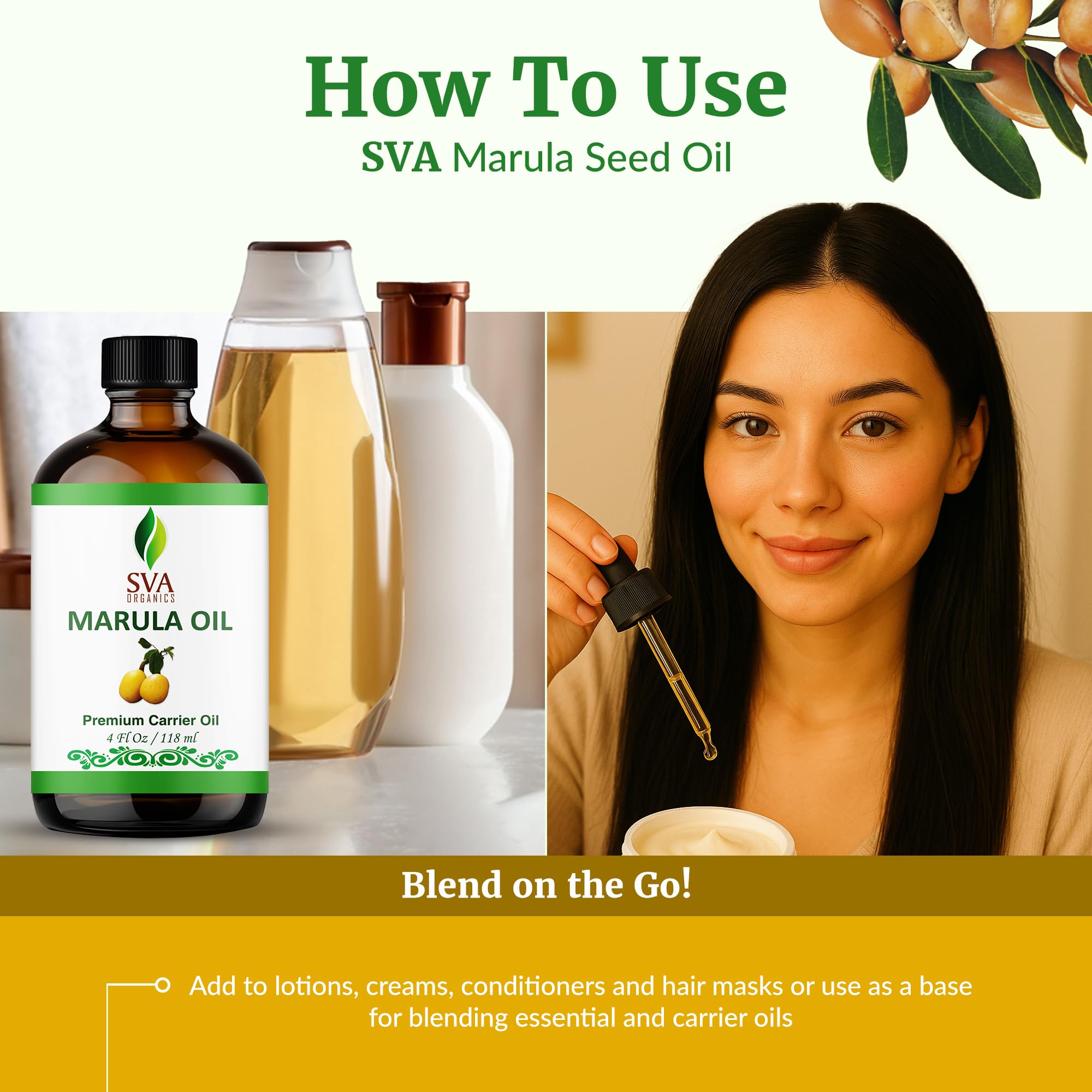 Aceite de Marula de SVA ORGANICS de rápida absorción para rostro y cuerpo.