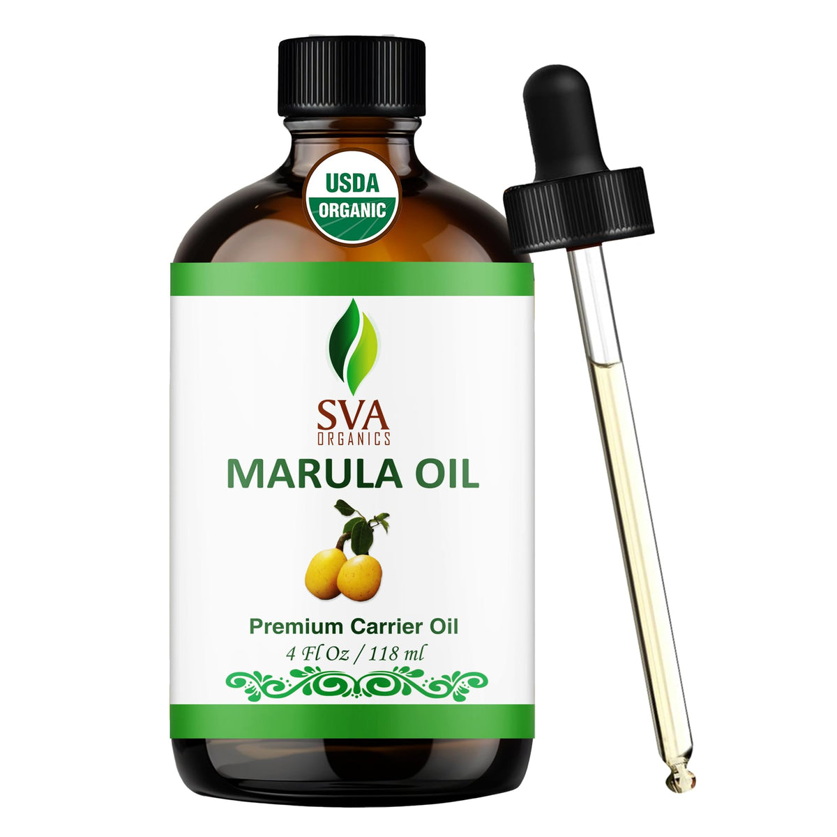 Aceite de Marula de SVA ORGANICS en frasco con gotero para aplicación precisa y suave.