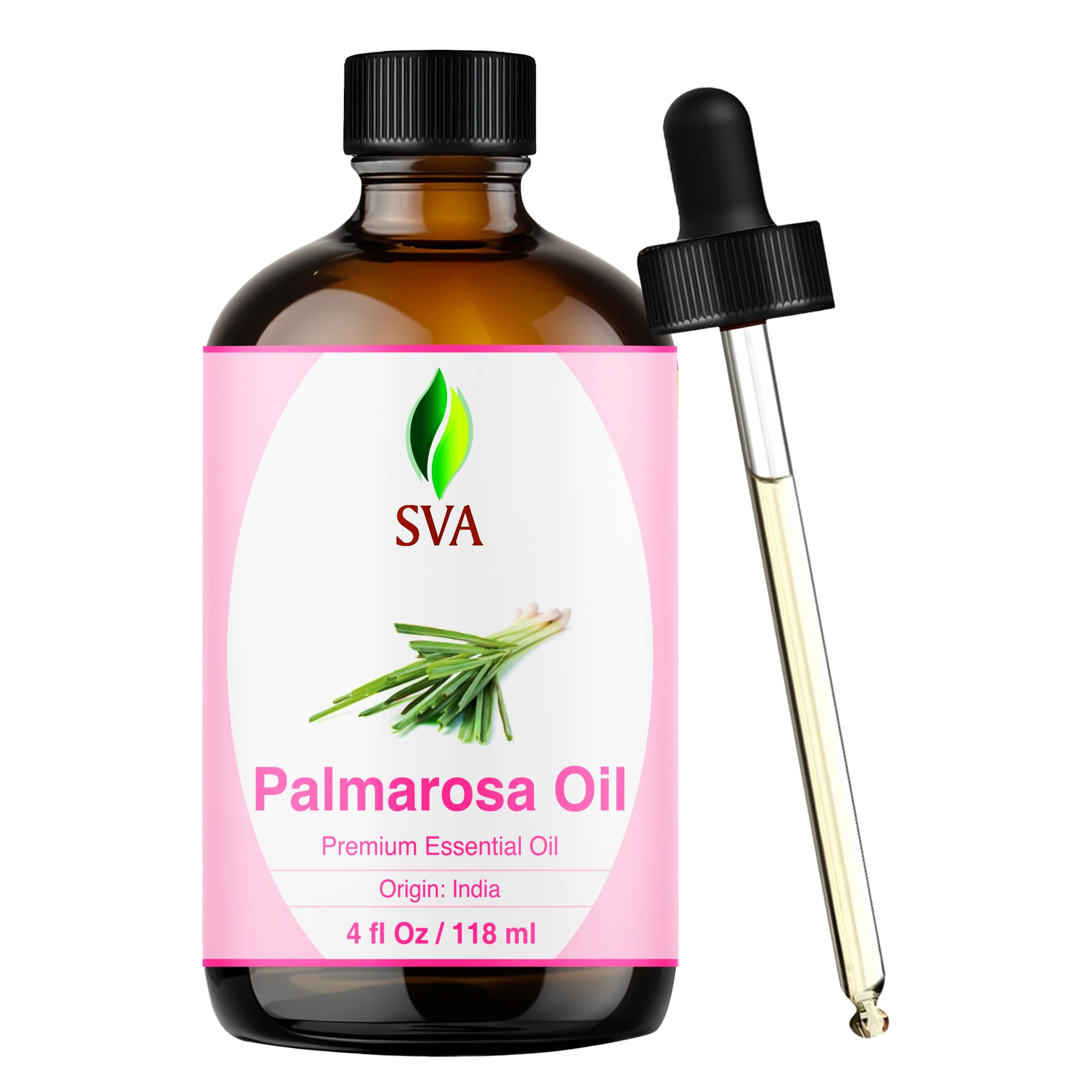 Aceite esencial SVA Palmarosa en botella, ideal para aromaterapia y uso en difusor