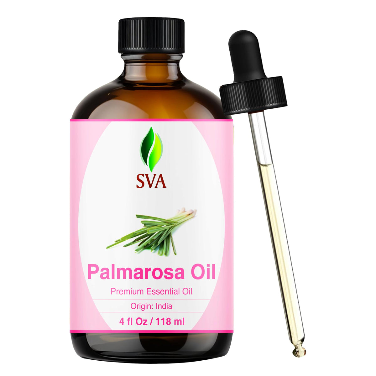 Aceite esencial SVA Palmarosa en botella, ideal para aromaterapia y uso en difusor
