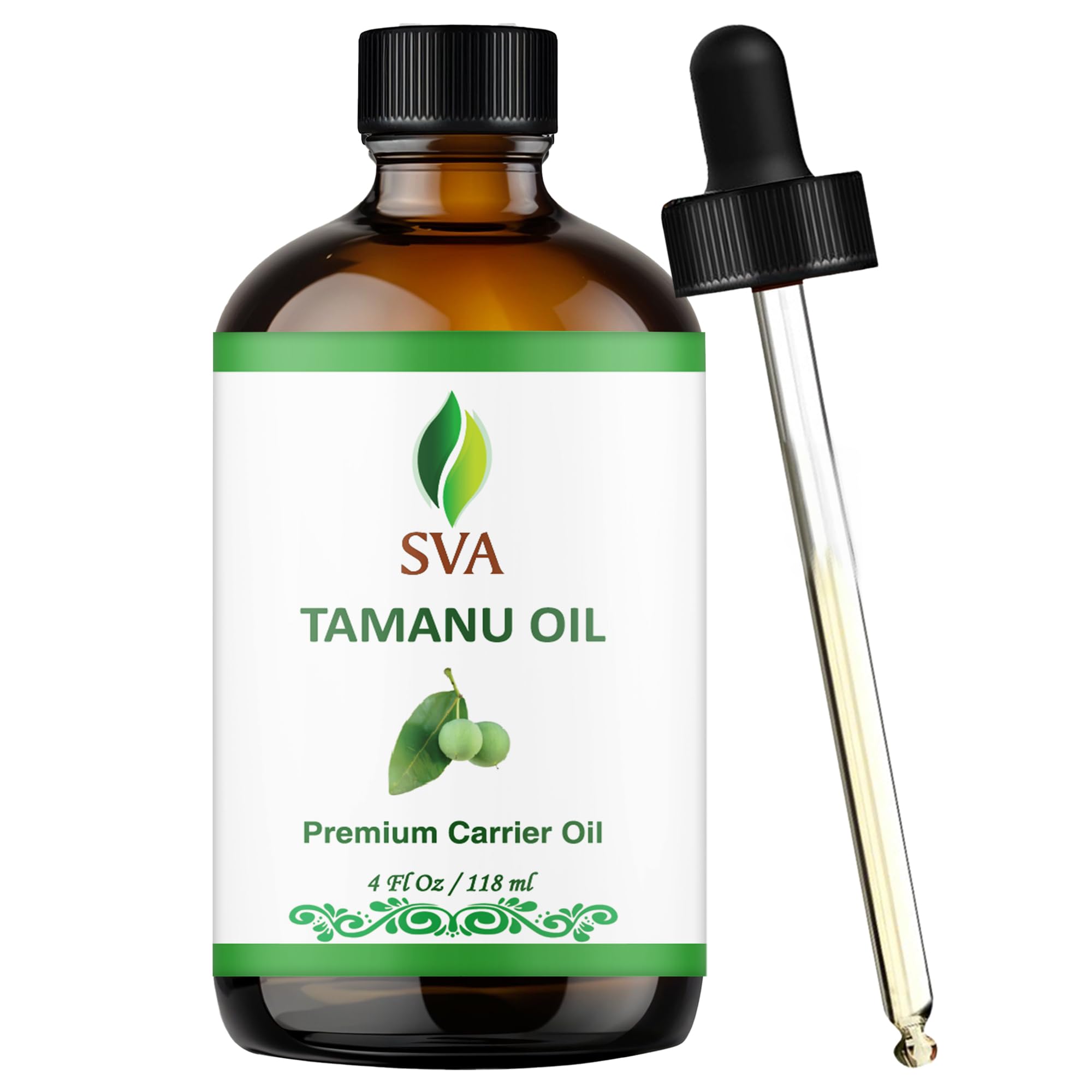 Aceite Tamanu SVA: botella con gota para aplicación precisa.