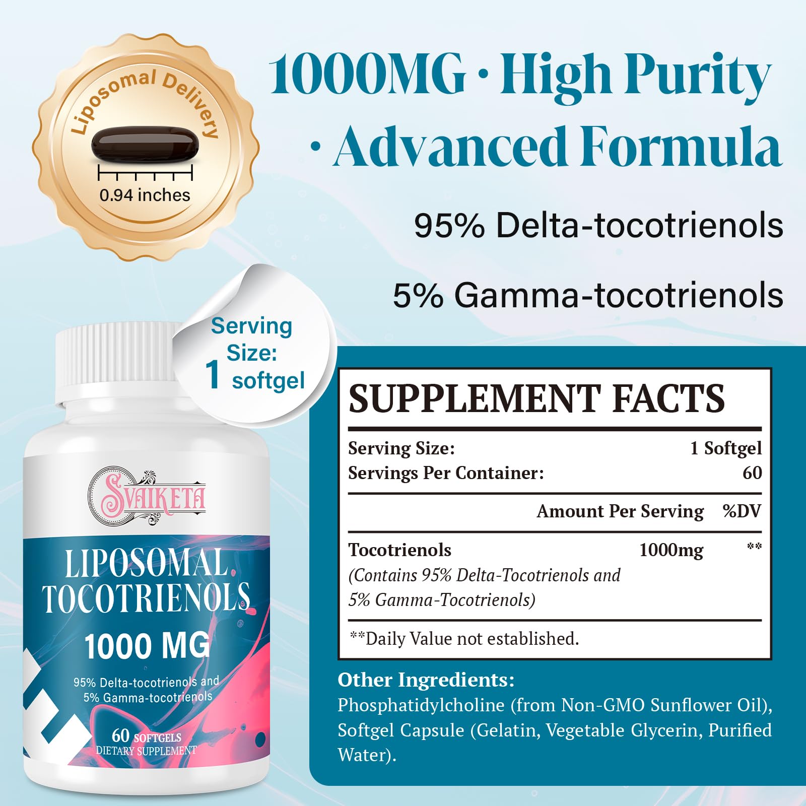 Empaque sostenible de Svaiketa tocotrienoles liposomales.