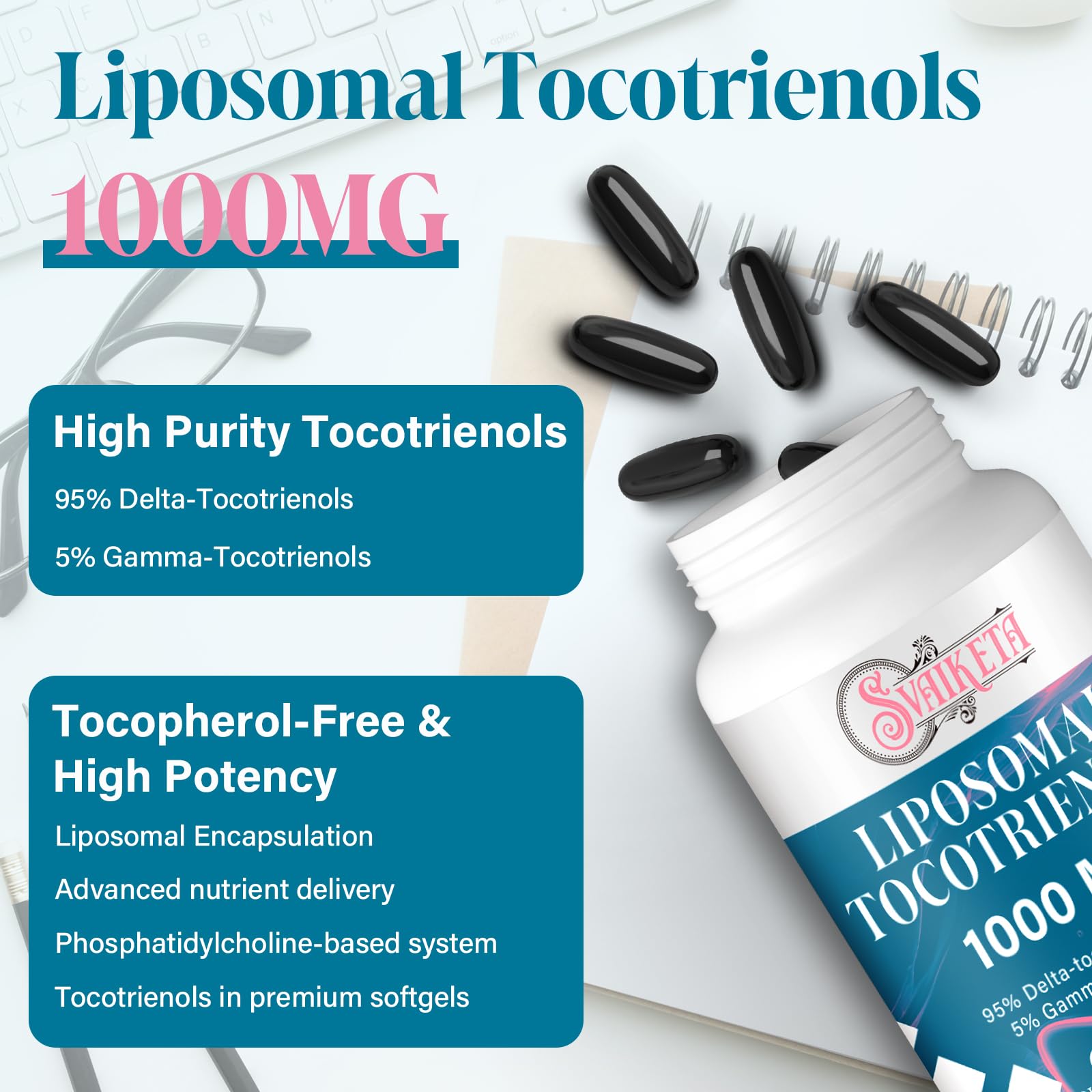Envase de 60 cápsulas Svaiketa tocotrienoles liposomales para uso diario.