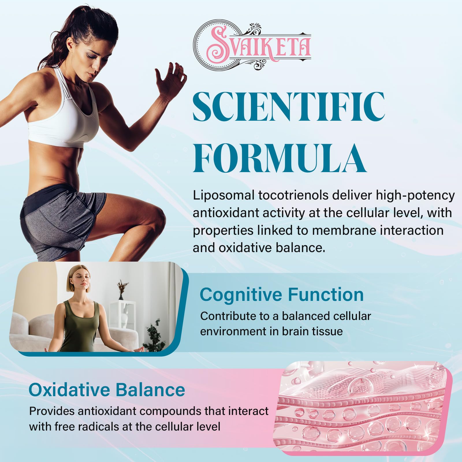Etiqueta frontal de Svaiketa tocotrienoles liposomales con información clara.
