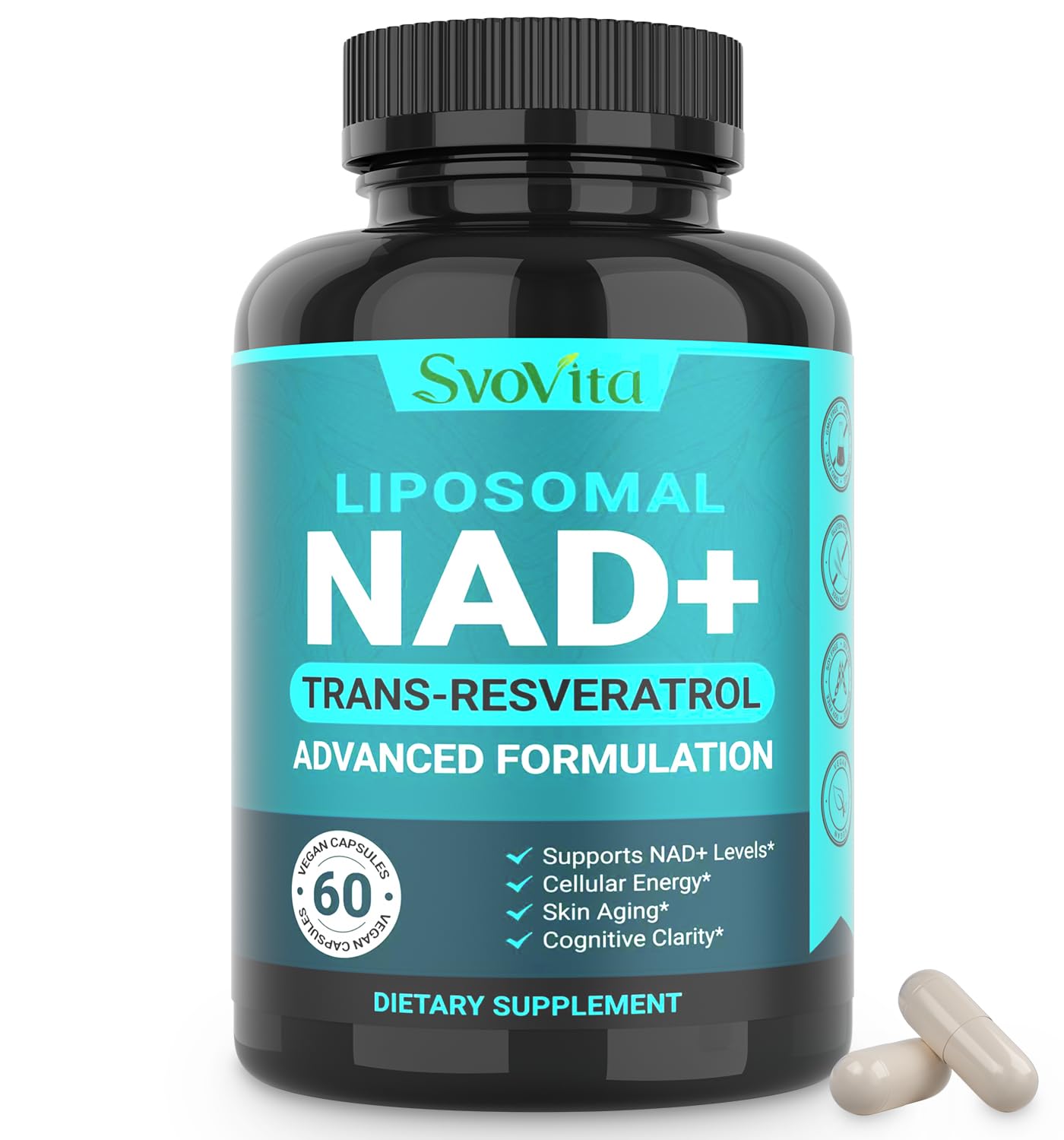 Svovita NAD 500 mg botella, soporte de energía celular y vitalidad.