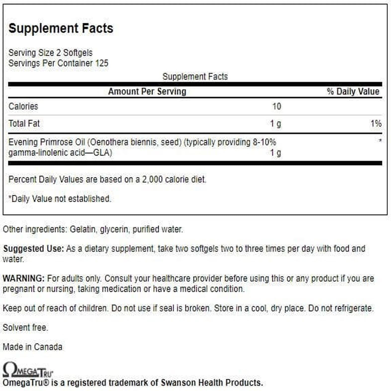 Swanson Aceite de Onagra 500 mg, cápsulas, ayuda a hidratar la piel y mantener elasticidad.