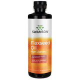 Swanson Aceite de linaza Omegatru, botella, apoyo para la salud cardiovascular y piel.