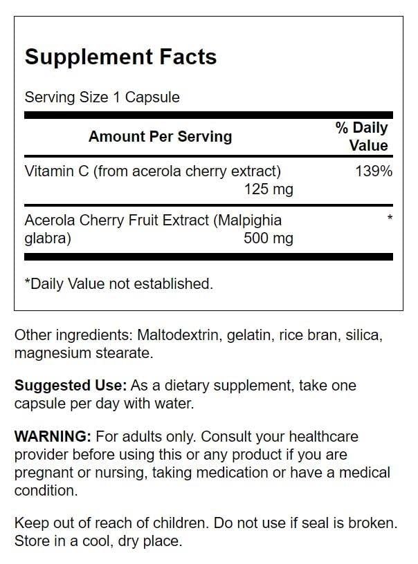 Swanson Acerola 500 mg, cápsulas en empaque, antioxidante natural para el día a día