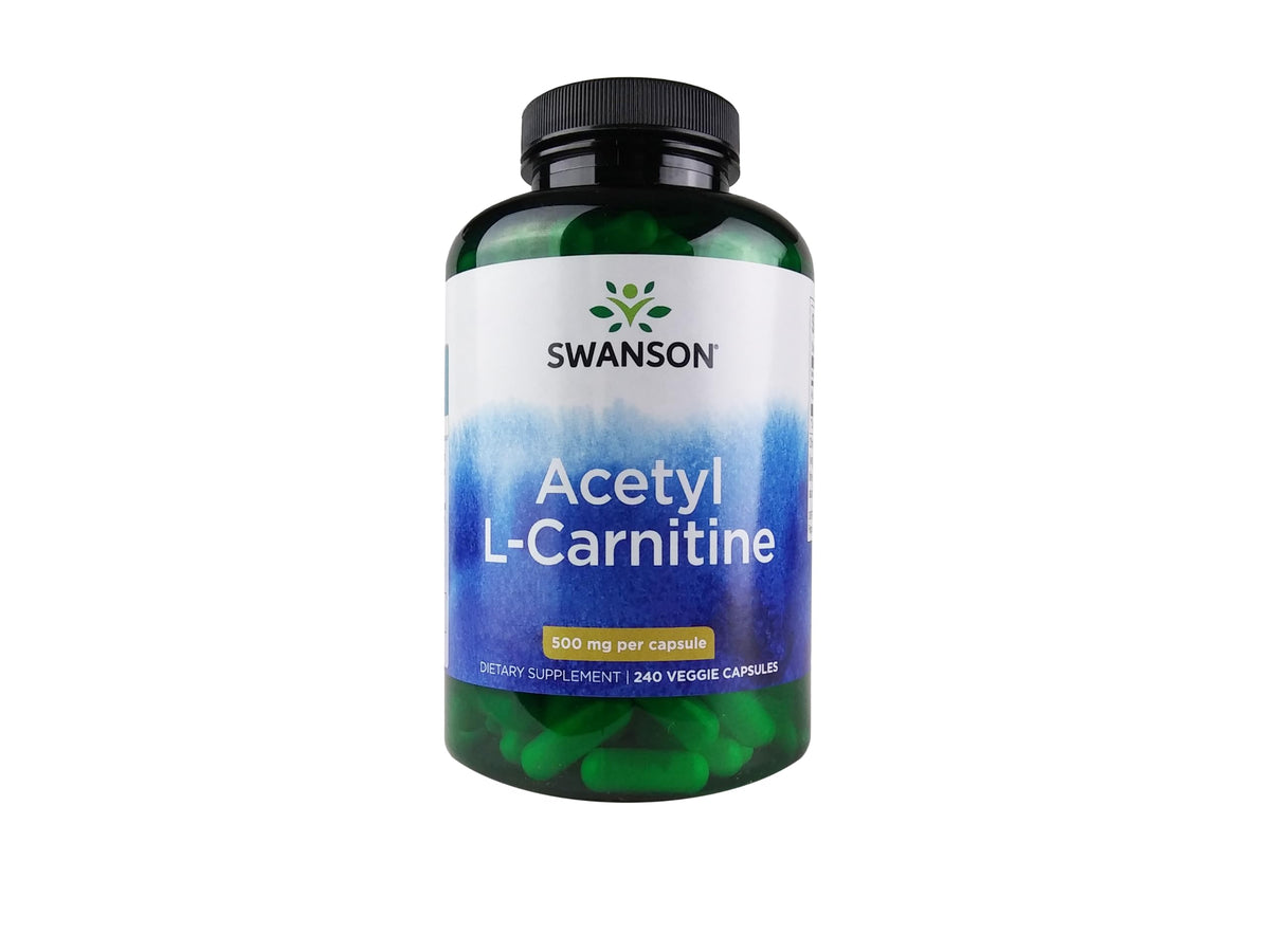 Swanson Acetil-L-Carnitina 500 mg en frasco de 240 cápsulas vegetales, uso diario.