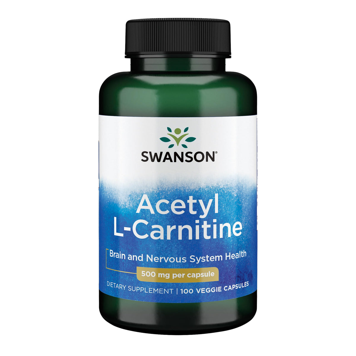 Swanson Acetil-L-Carnitina frasco de cápsulas para apoyo diario de mente y cuerpo.