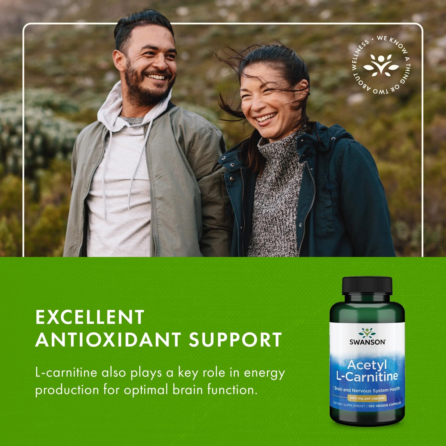 Swanson Acetil-L-Carnitina uso diario para enfoque y bienestar.