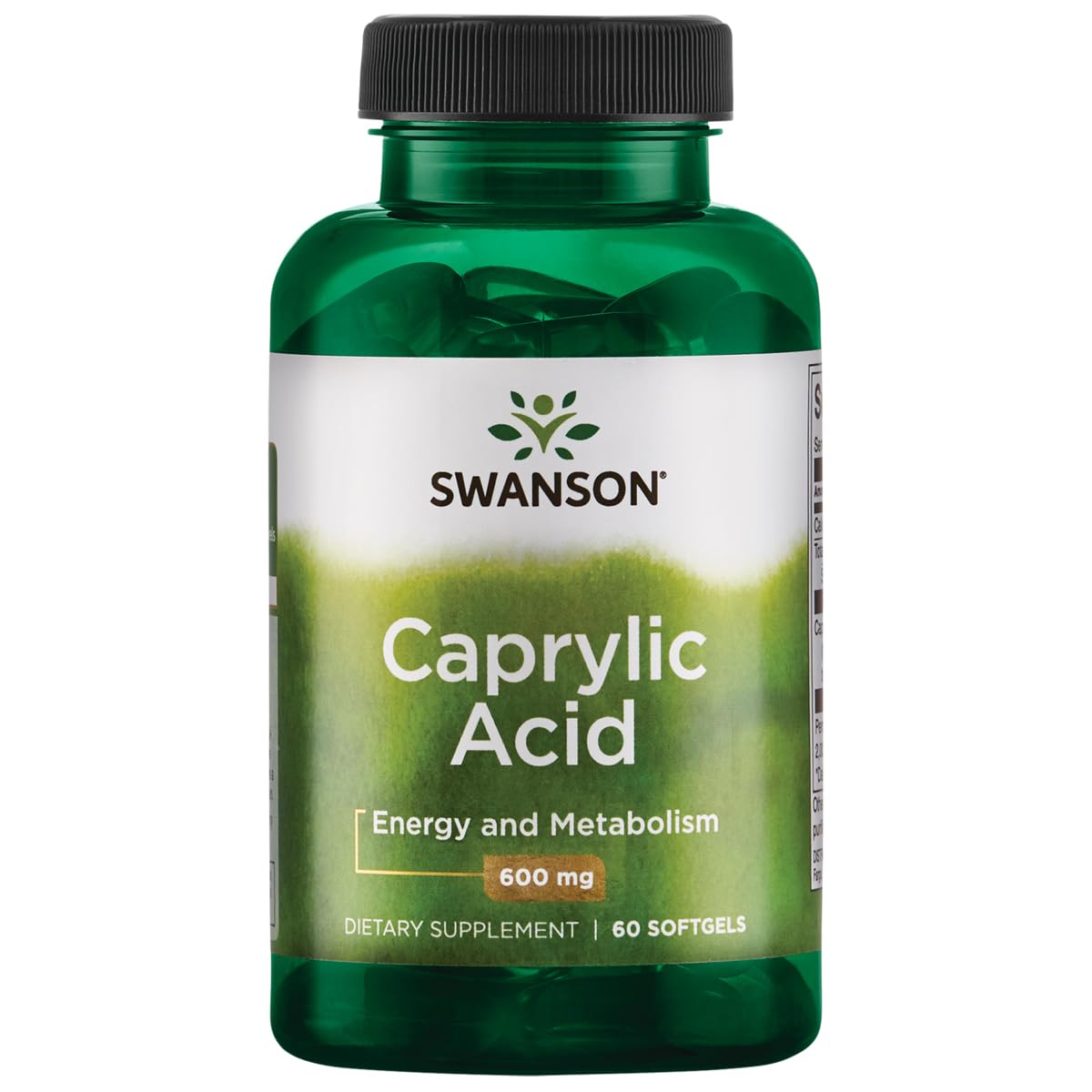Swanson Ácido Caprílico 600 mg, botella presentación, favorece equilibrio microbiano intestinal.