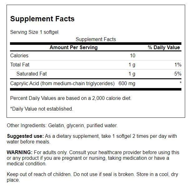 Swanson Ácido Caprílico 600 mg, cápsulas para uso diario, energía rápida y vitalidad.