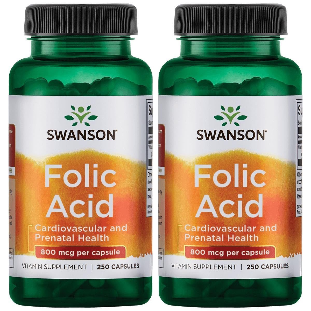 Swanson acido folico 800 mcg, botella de capsulas, apoyo a procesos celulares.