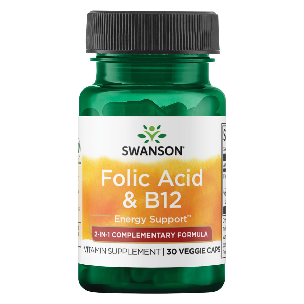 Swanson ácido fólico y B12: cápsulas vegetales, visual de producto para energía diaria.