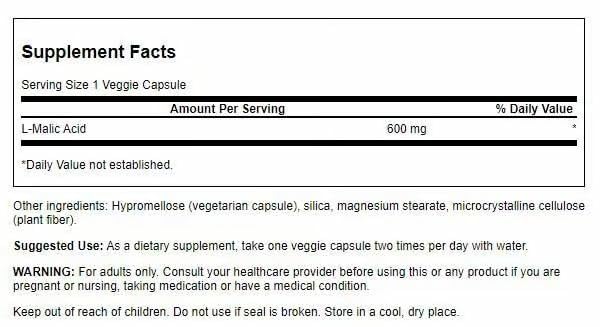 Capsulas Swanson ácido málico de 600 mg para energía sostenida