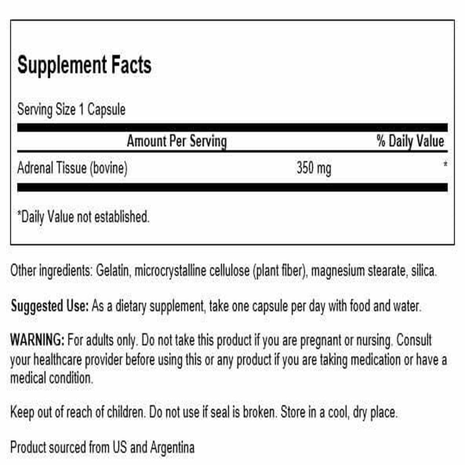 Cápsulas Swanson Glándulas Suprarrenales 350 mg listas para tragar con agua.