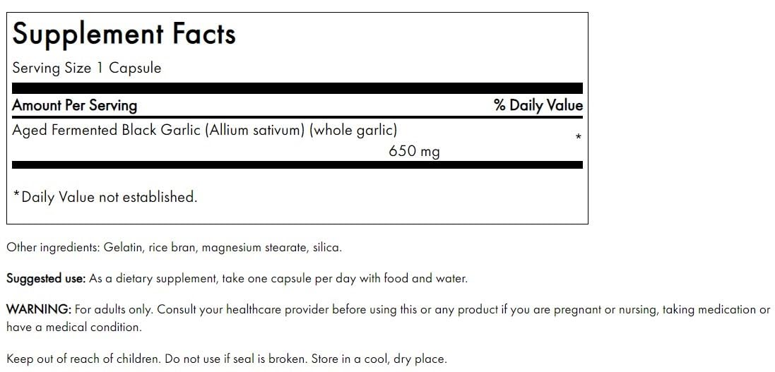 Swanson Ajo Negro Envejecido 650 mg, caja de 30 cápsulas, para uso diario.
